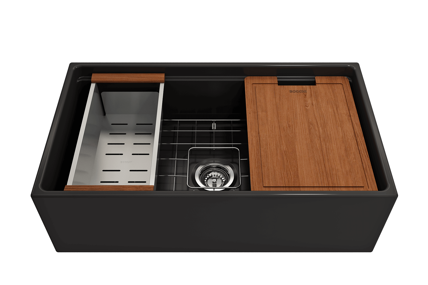 BOCCHI Contempo 33" Fireclay Workstation Farmhouse Sink Kit with Faucet and Accessories, Matte Black (sink) / Matte Black (faucet), 1504-004-2020MB