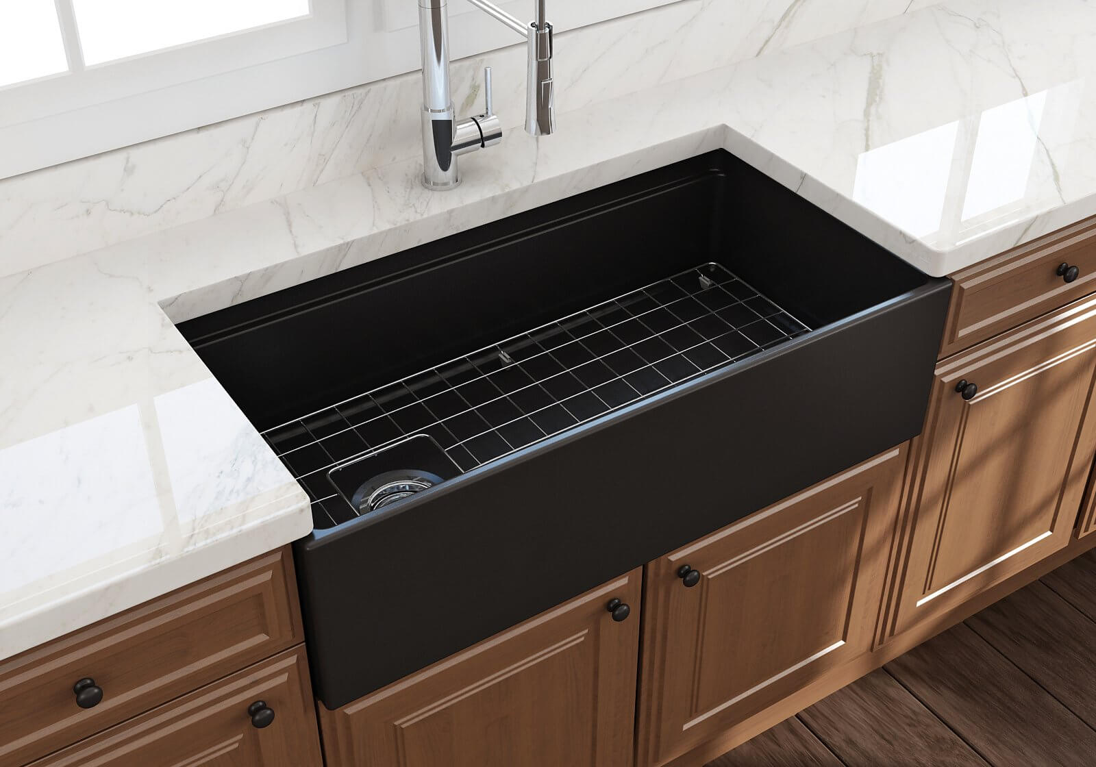 BOCCHI Contempo 36" Fireclay Workstation Farmhouse Sink Kit with Faucet and Accessories, Matte Black (sink) / Matte Black (faucet), 1505-004-2020MB