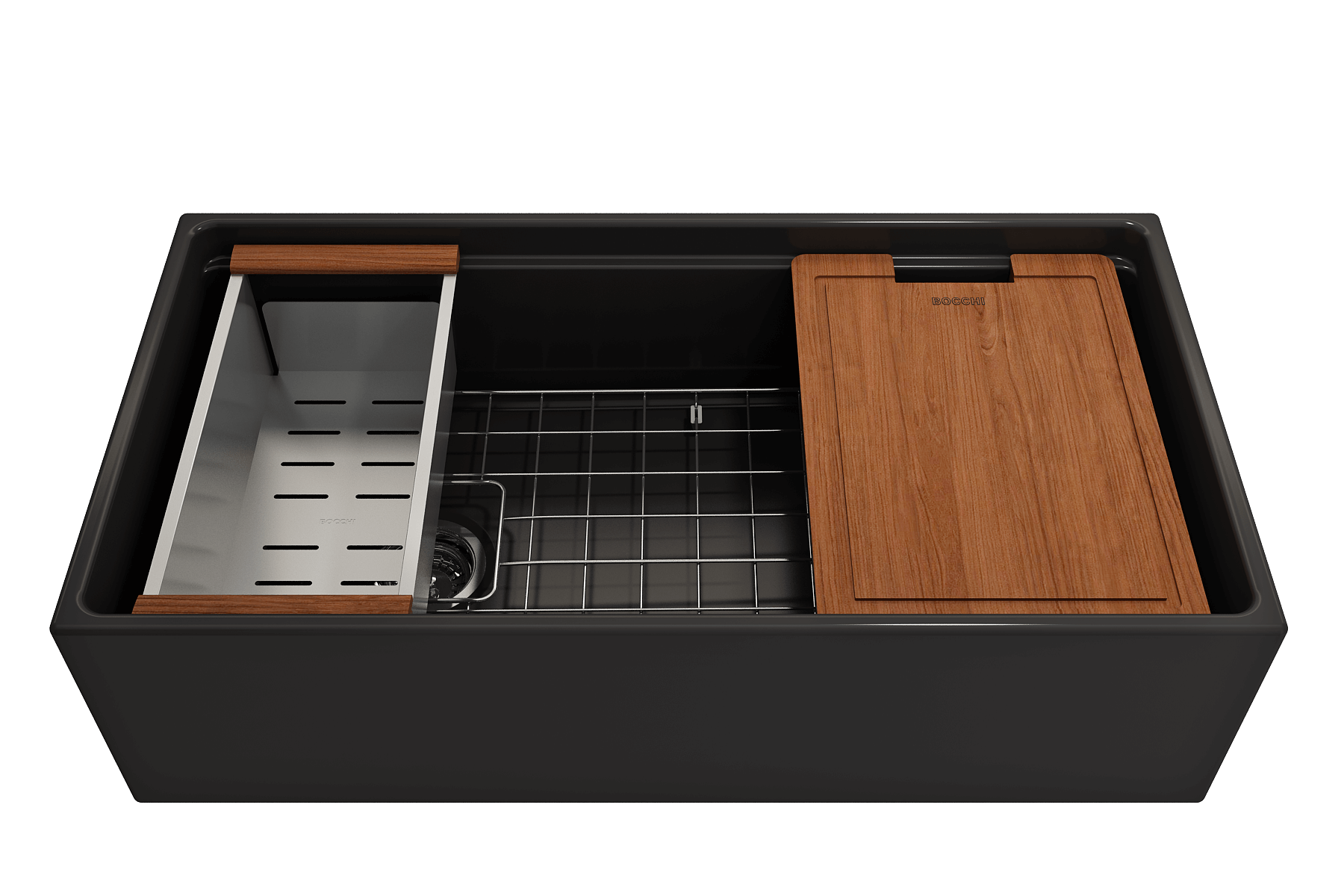 BOCCHI Contempo 36" Fireclay Workstation Farmhouse Sink Kit with Faucet and Accessories, Matte Black (sink) / Matte Black (faucet), 1505-004-2020MB
