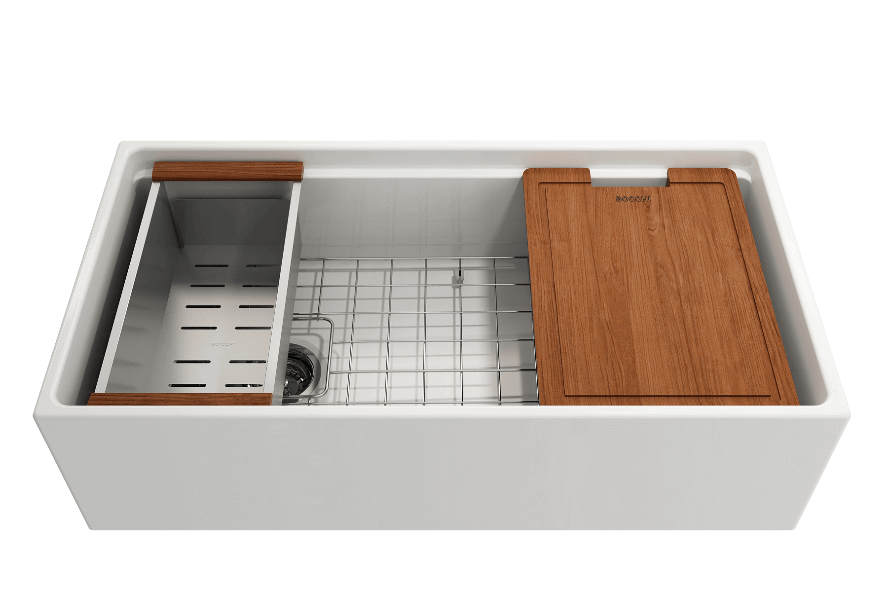 BOCCHI Contempo 36" Fireclay Workstation Farmhouse Sink Kit with Faucet and Accessories, White (sink) / Chrome (faucet), 1505-001-2020CH