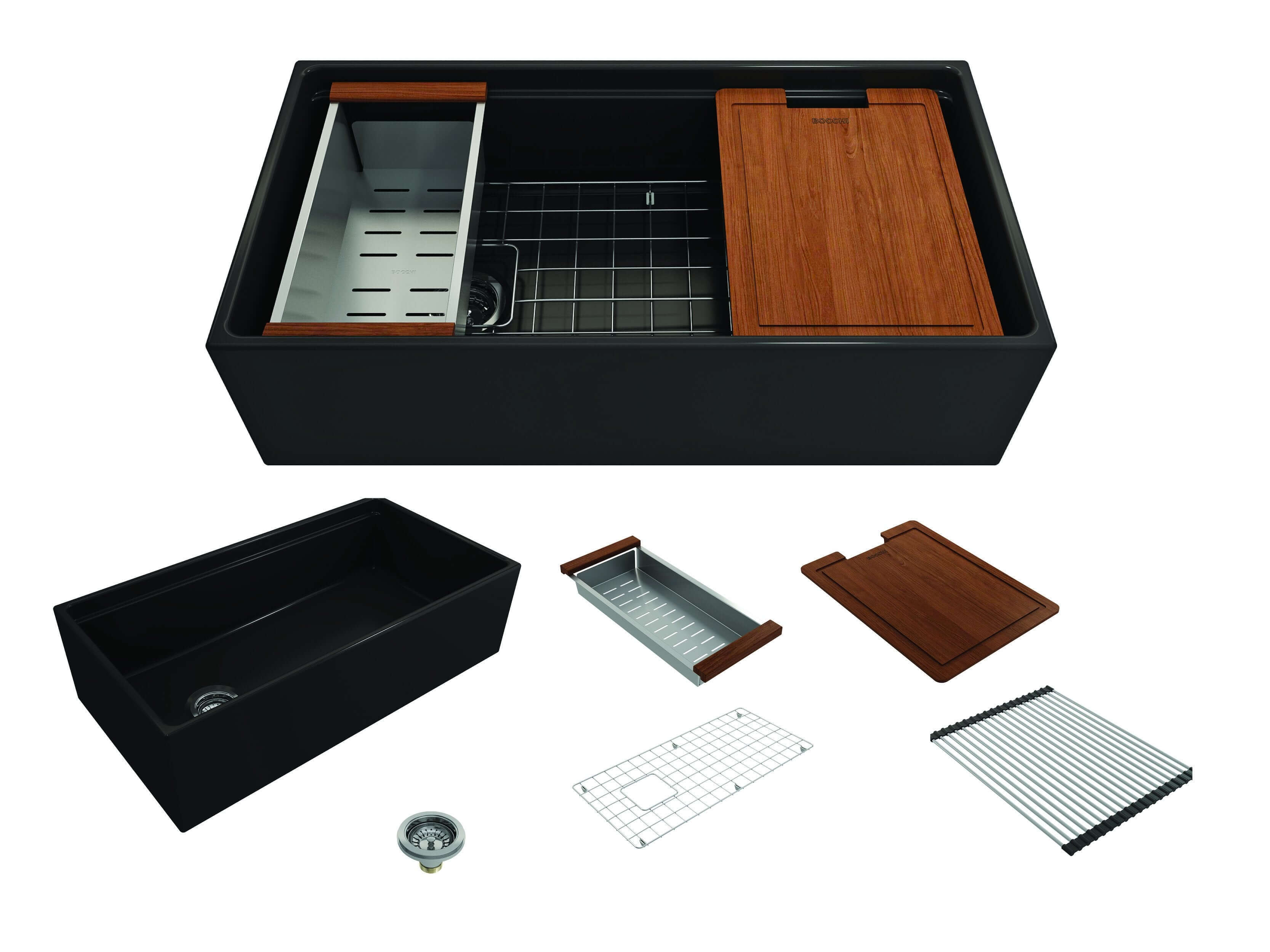 BOCCHI Contempo 36" Fireclay Workstation Farmhouse Sink Kit with Faucet and Accessories, Matte Black (sink) / Matte Black (faucet), 1505-004-2020MB