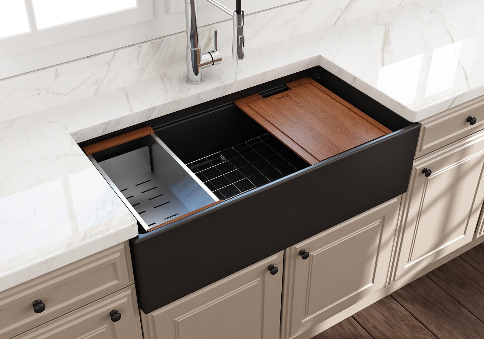 BOCCHI Contempo 36" Fireclay Workstation Farmhouse Sink Kit with Faucet and Accessories, Matte Black (sink) / Matte Black (faucet), 1505-004-2020MB