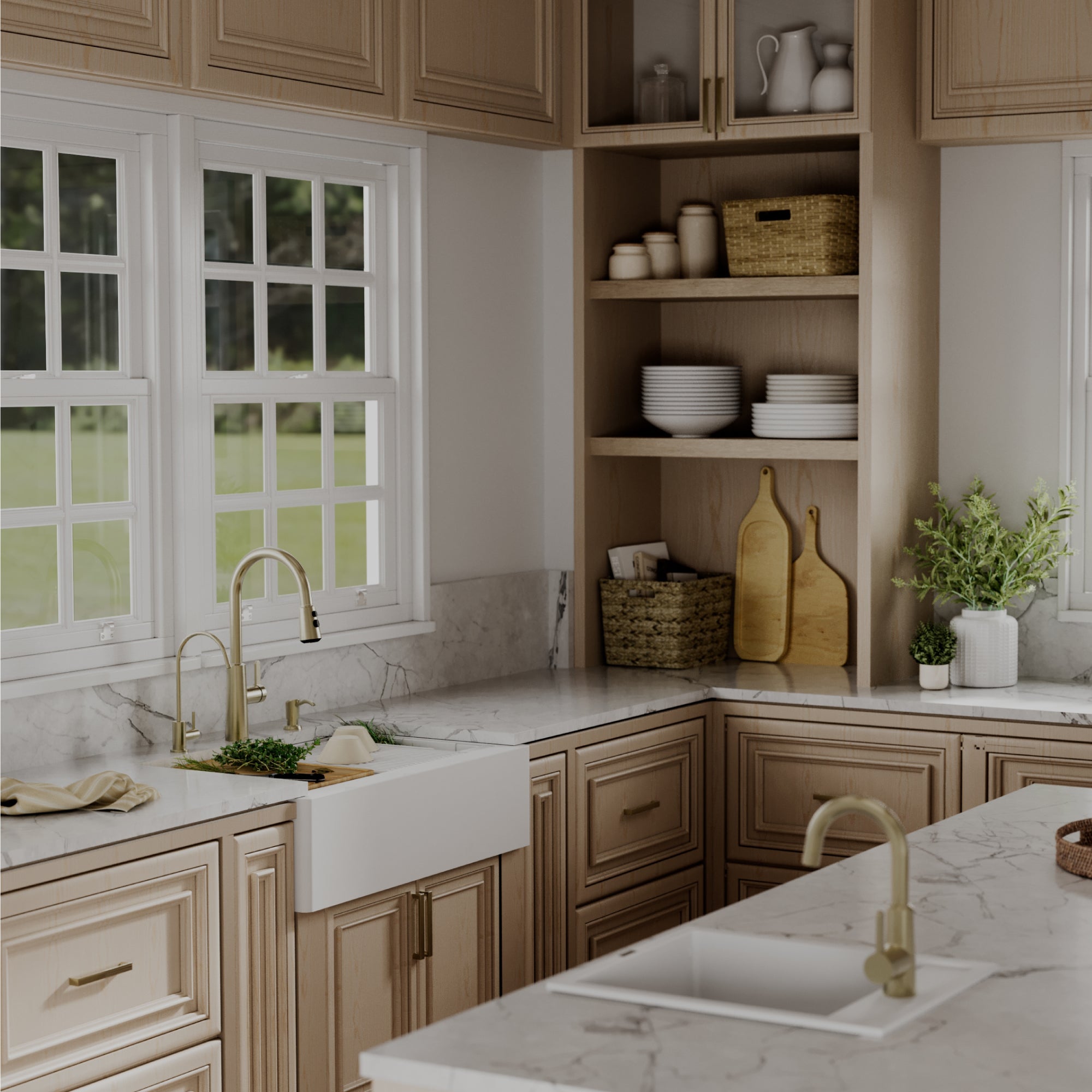 Karran 34 quartz composite workstation farmhouse sink white lifestyle image