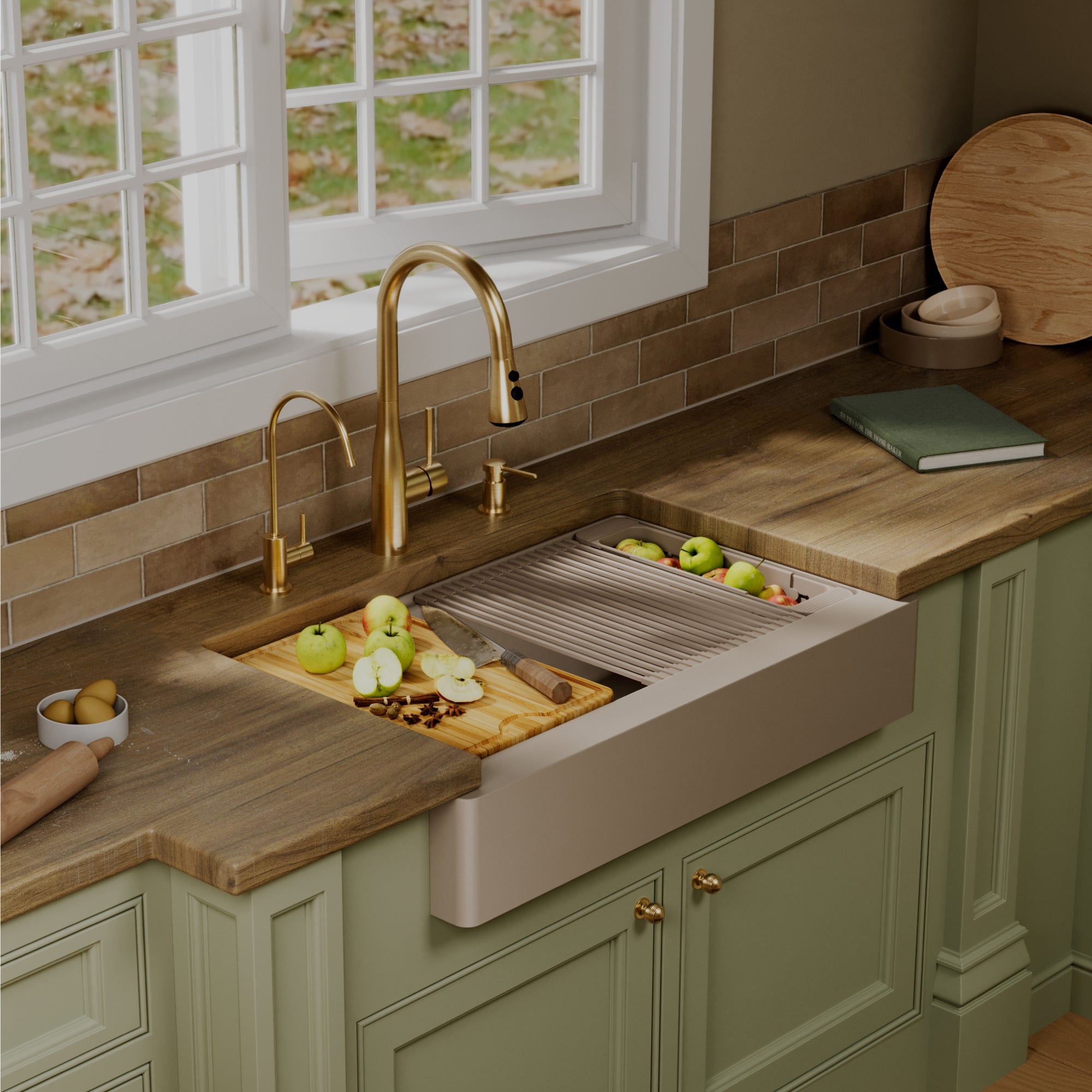 Karran 34 quartz composite retrofit workstation farmhouse sink concrete lifestyle image