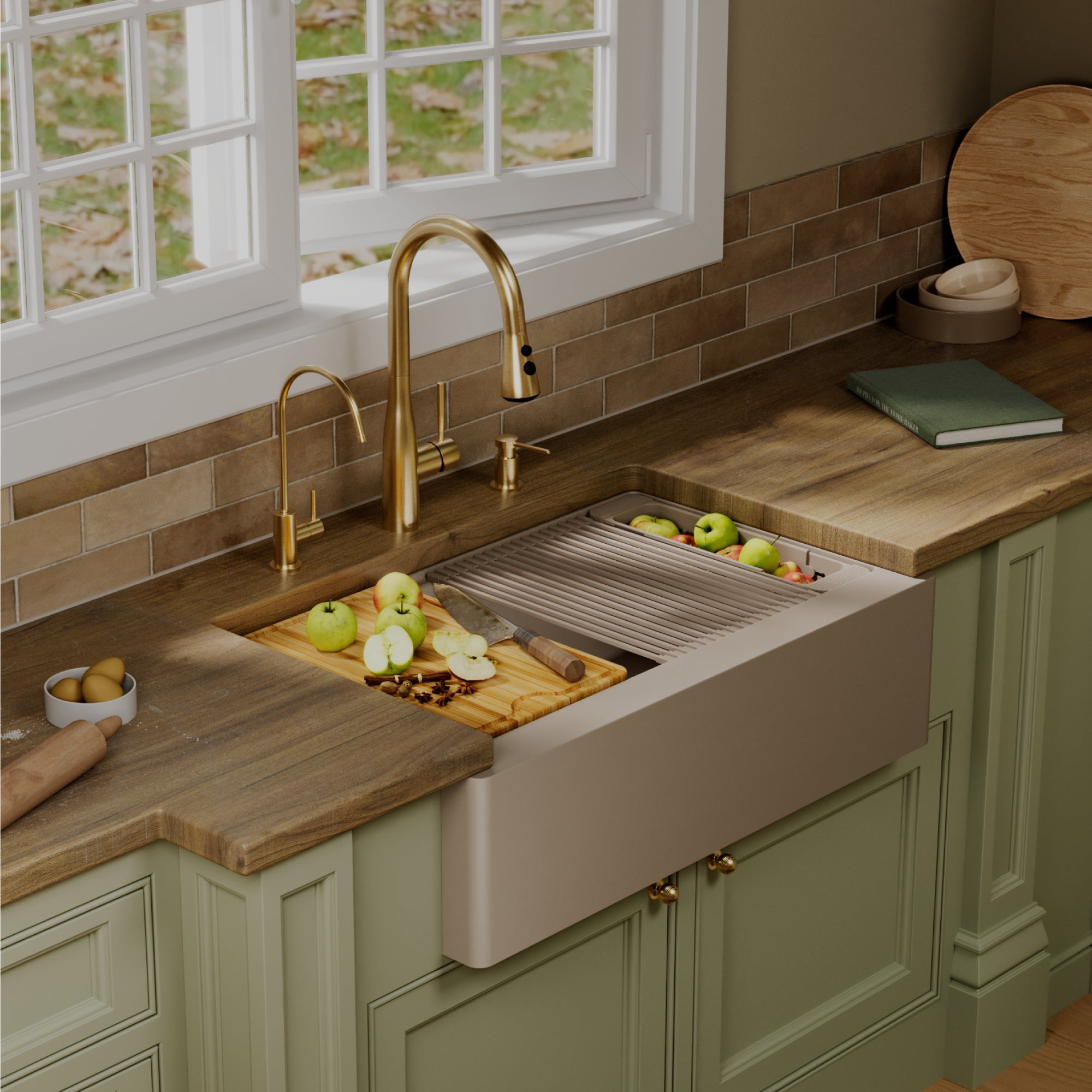 Karran 34 quartz composite workstation farmhouse sink concrete lifestyle image