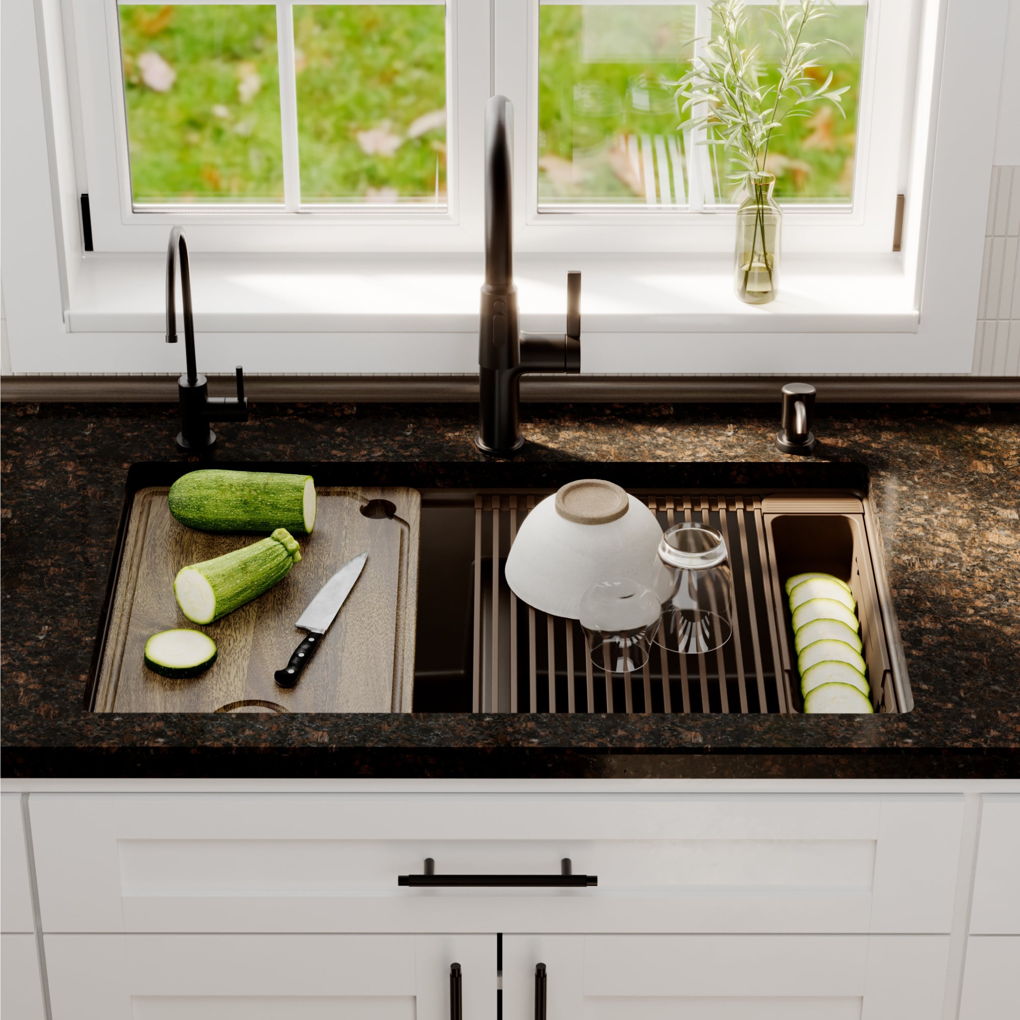 Karran 32 quartz composite workstation kitchen sink 50/50 double bowl brown lifestyle image