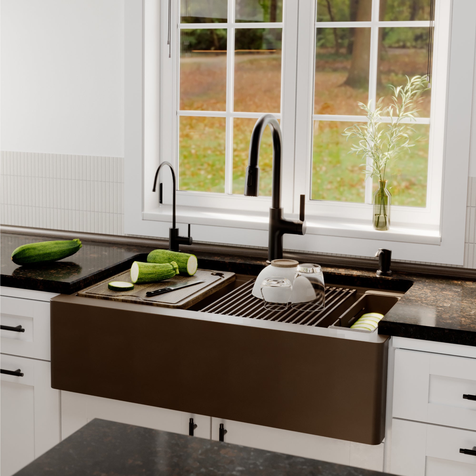 Karran 34 quartz composite workstation farmhouse sink brown lifestyle image
