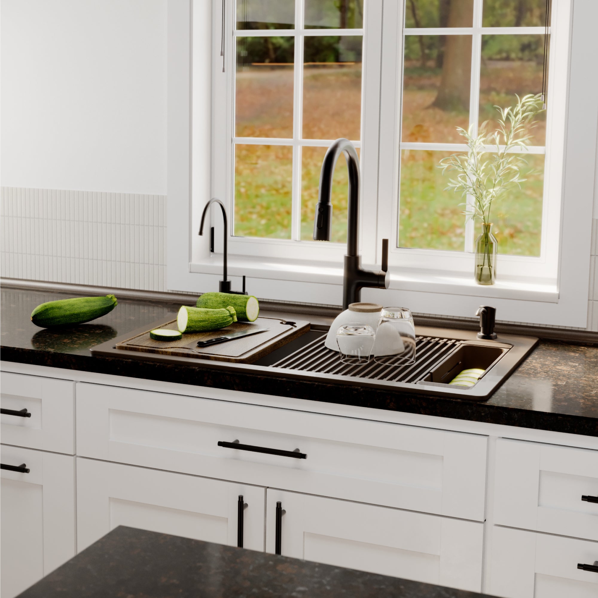 Karran 33 quartz composite workstation kitchen sink brown lifestyle image