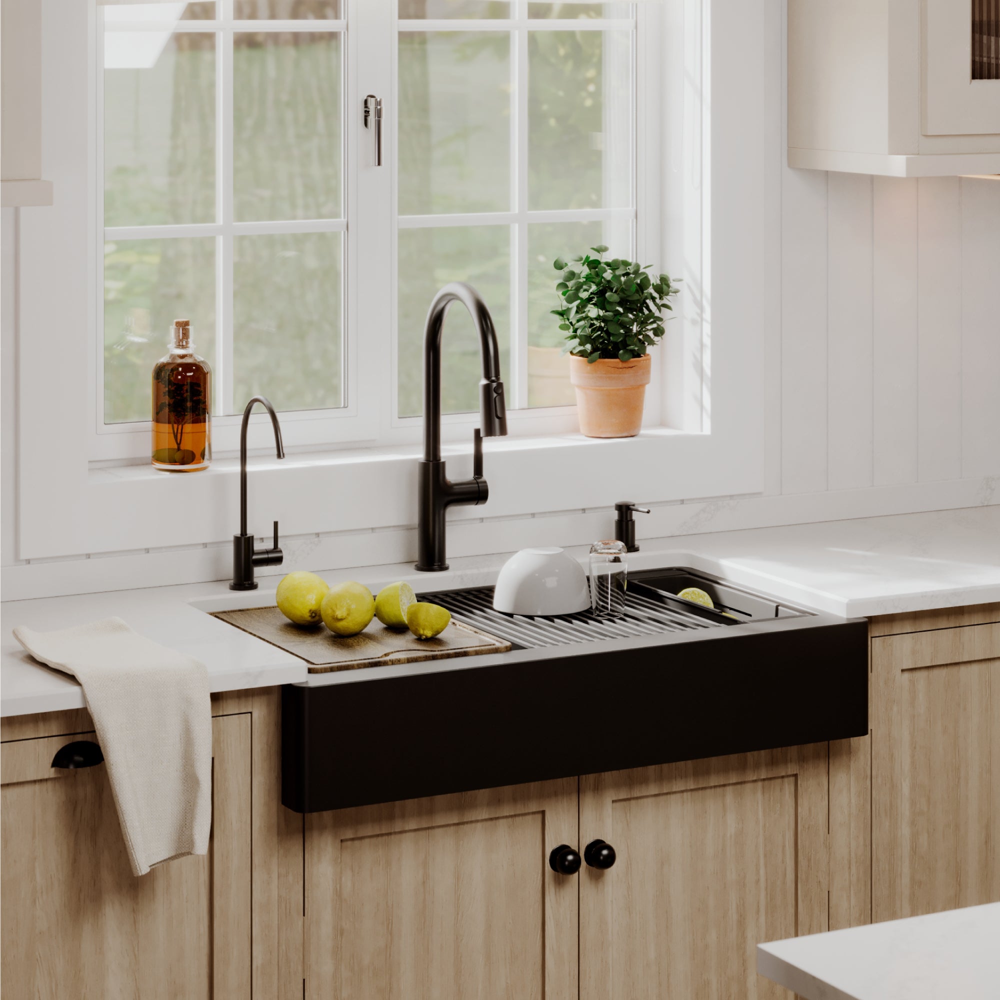 Karran 34 quartz composite retrofit workstation farmhouse sink black lifestyle image