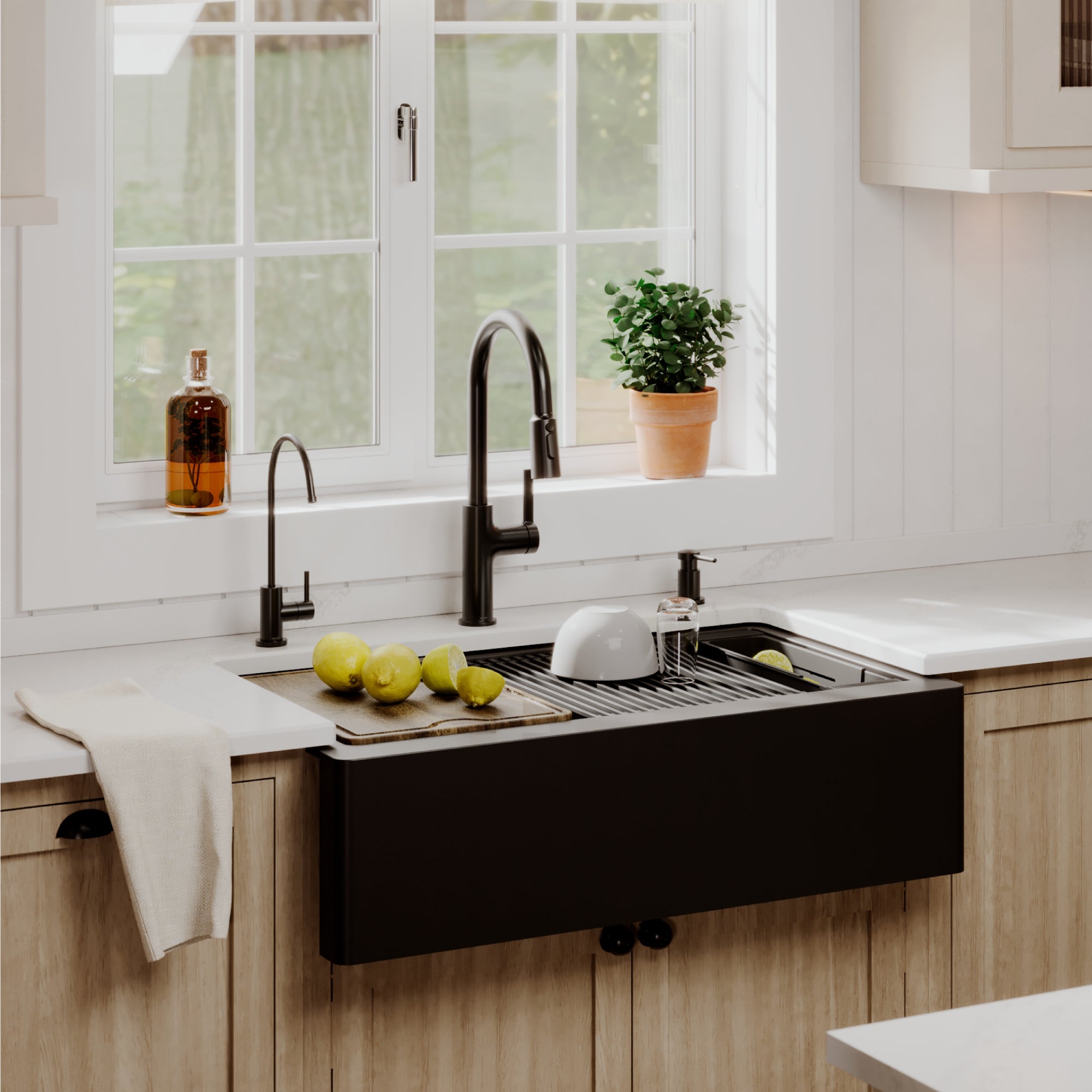 Karran 34 quartz composite workstation farmhouse sink black lifestyle image