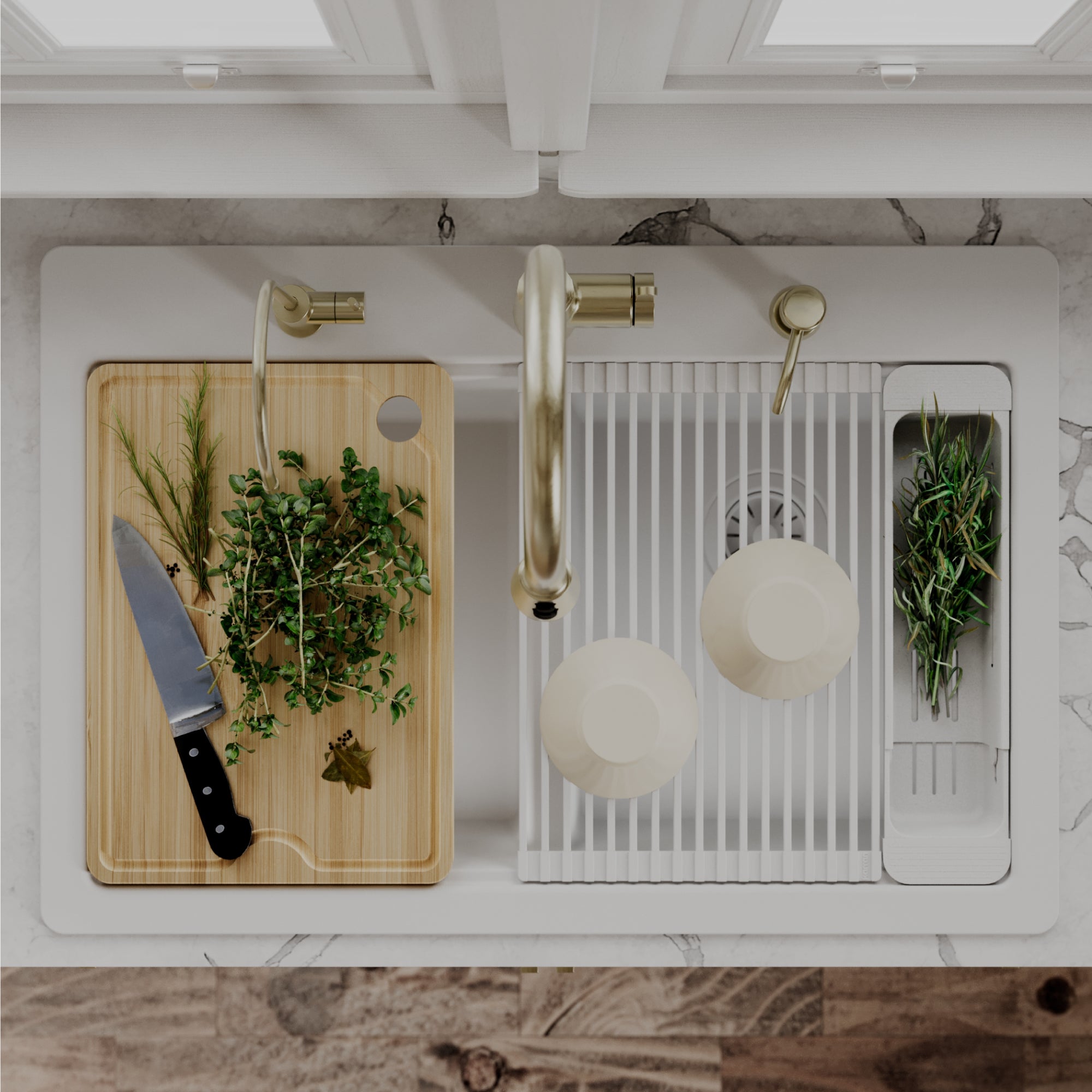 Karran 33 quartz composite workstation kitchen sink 50/50 double bowl white lifestyle image