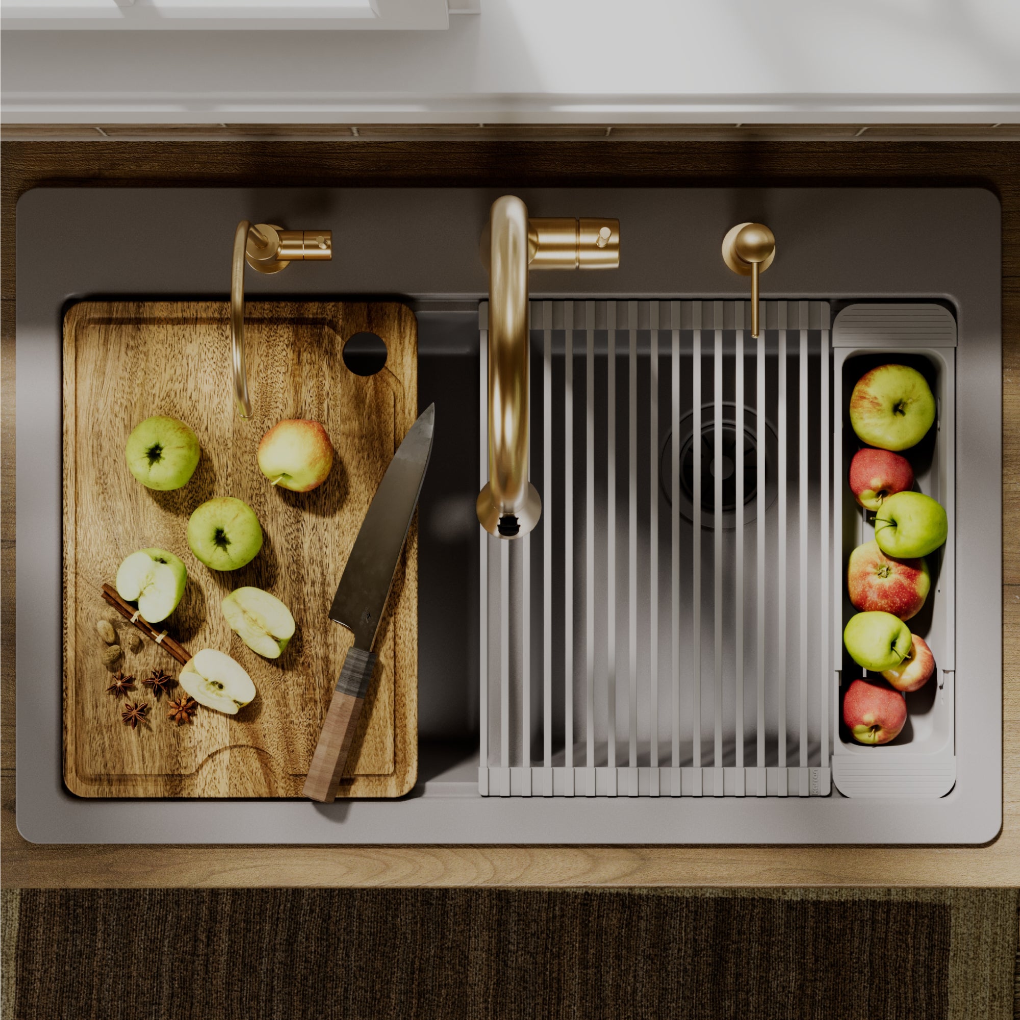 Karran 33 quartz composite workstation kitchen sink 50/50 double bowl grey lifestyle image