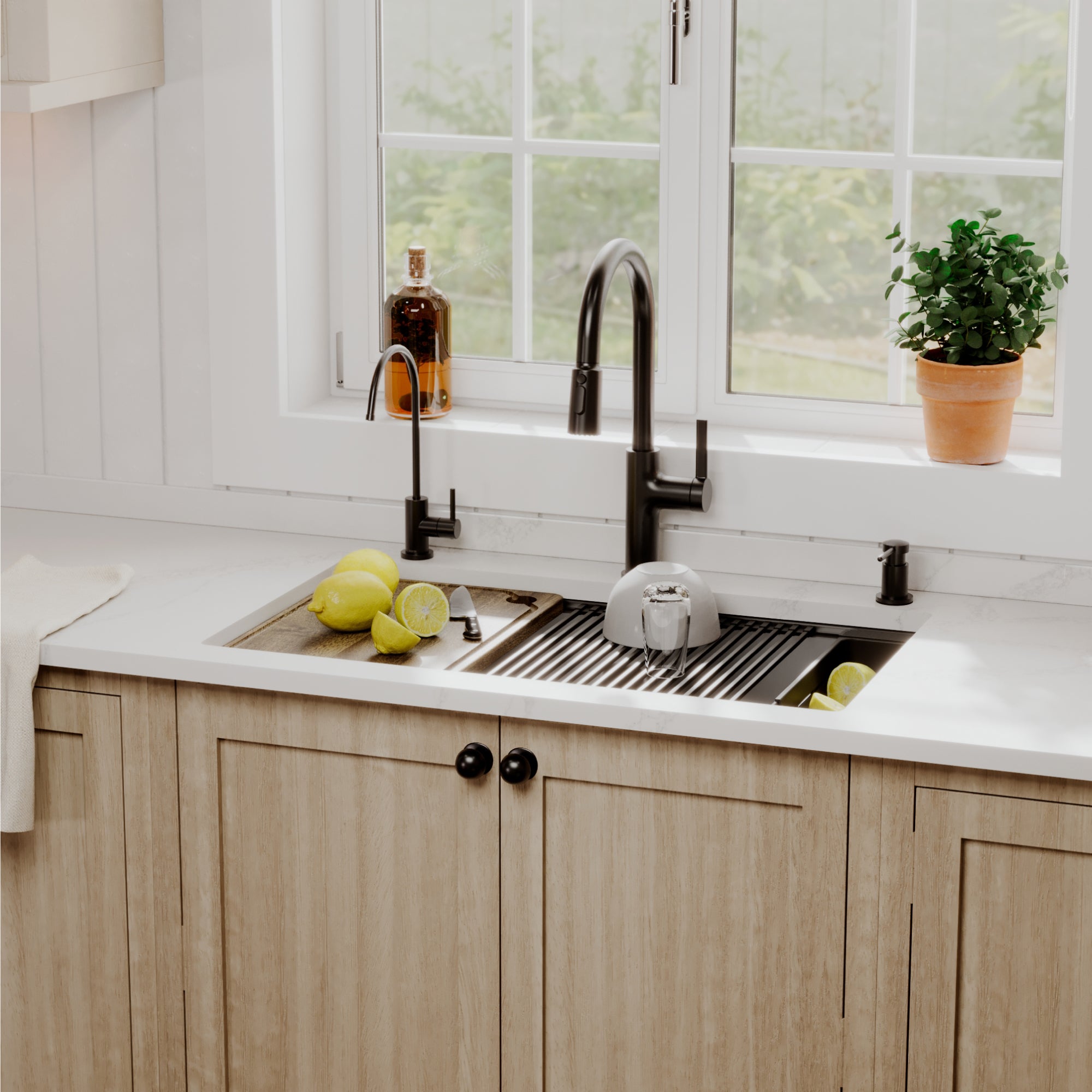 Karran 32 quartz composite workstation kitchen sink 50/50 double bowl black lifestyle image