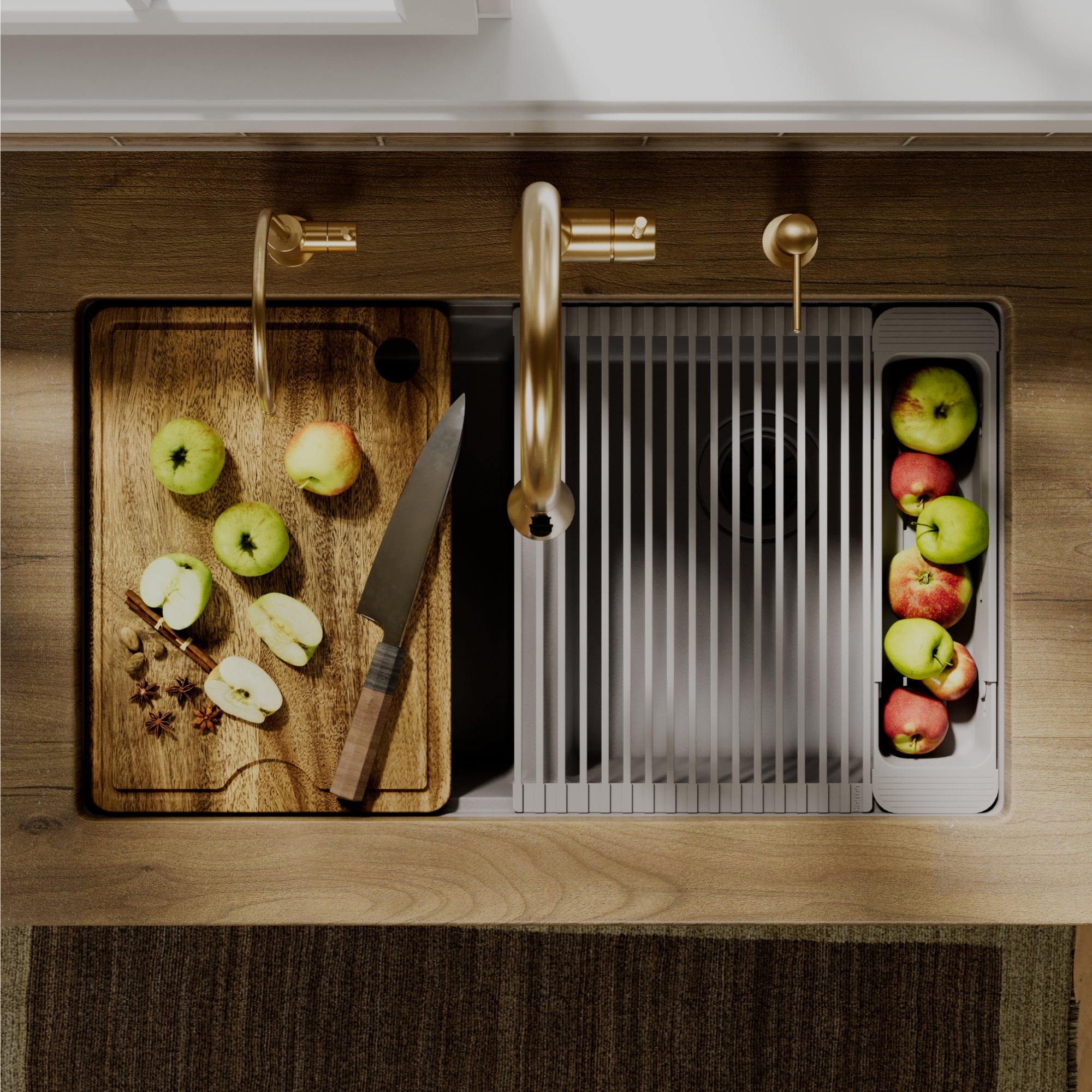 Karran 32 quartz composite workstation kitchen sink 50/50 double bowl grey lifestyle image