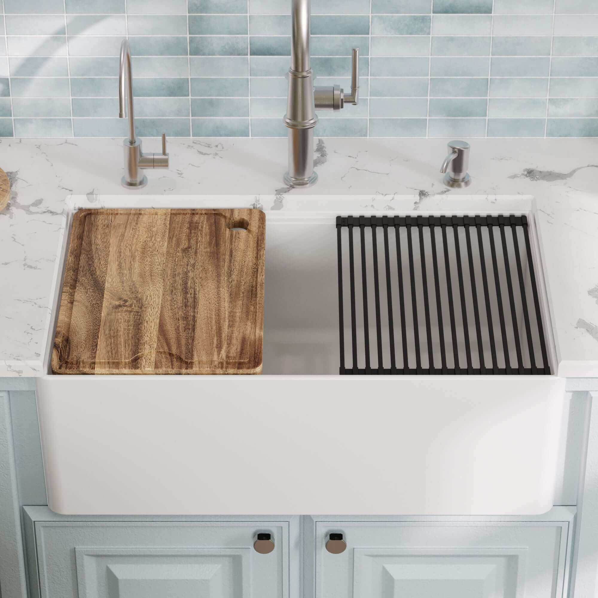 Alternative View of Karran Fireclay 30" Fireclay Workstation Farmhouse Sink with Accessories, White, FCWSF30SBWH-PK1