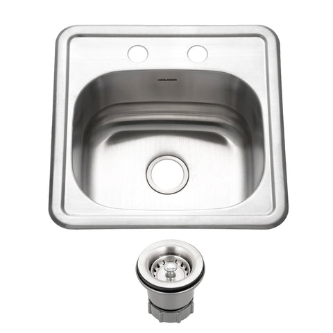 Houzer Hospitality 15" Stainless Steel Drop-in Topmount 2-hole Single Bowl Bar Sink with Strainer - 23 Gauge, 1515-6BS-C