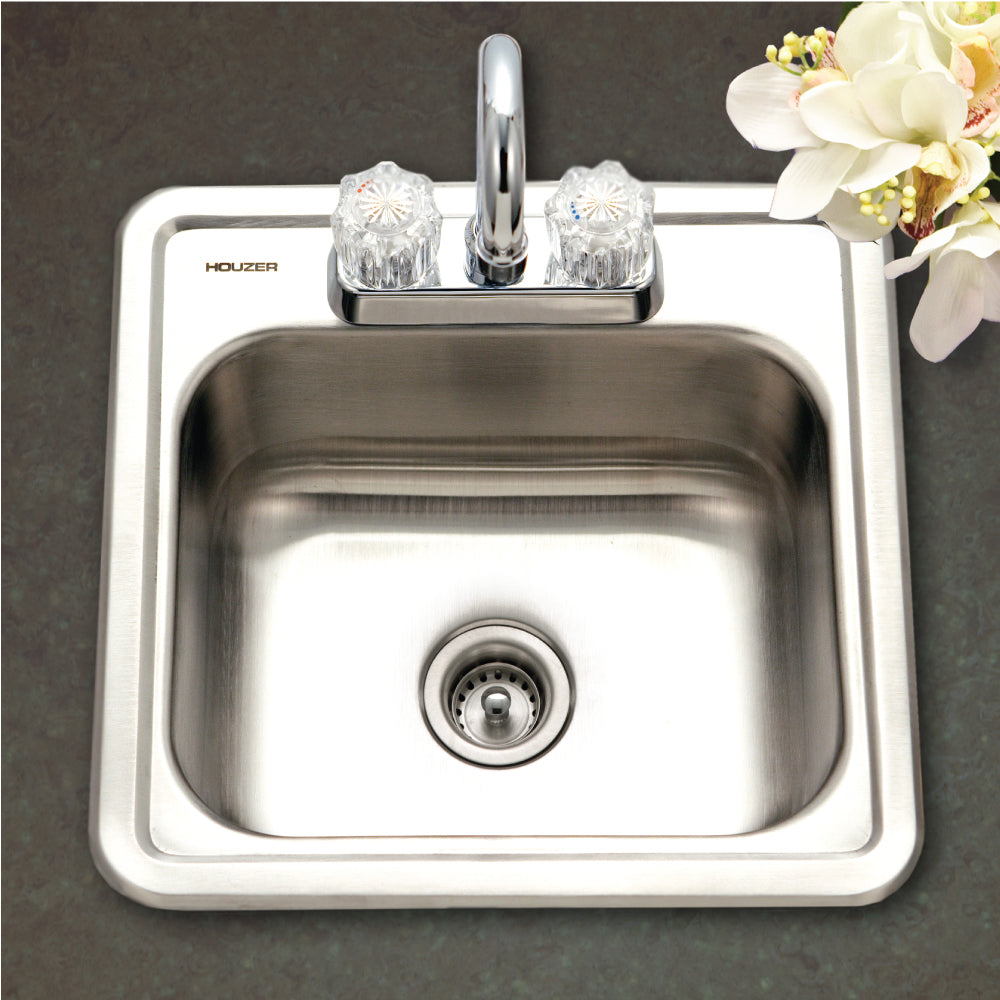 Houzer Hospitality 15" Stainless Steel Drop-in Topmount 2-hole Single Bowl Bar Sink with Strainer - 23 Gauge, 1515-6BS-C