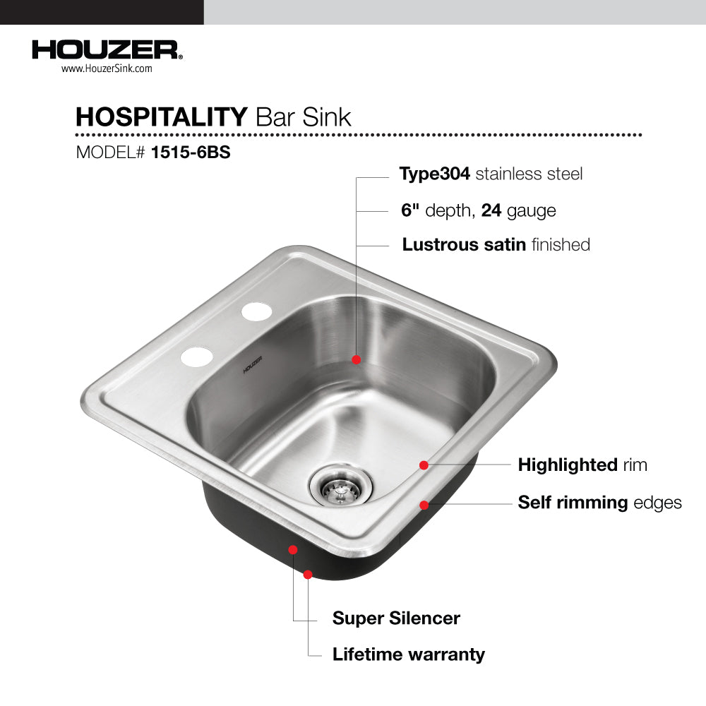 Houzer Hospitality 15" Stainless Steel Drop-in Topmount 2-hole Single Bowl Bar Sink with Strainer - 23 Gauge, 1515-6BS-C