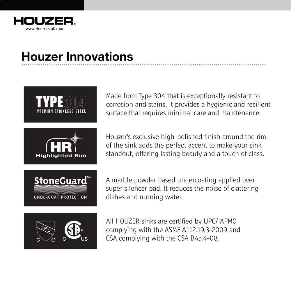 Houzer Hospitality 15" Stainless Steel Drop-in Topmount 2-hole Single Bowl Bar Sink with Strainer - 23 Gauge, 1515-6BS-C