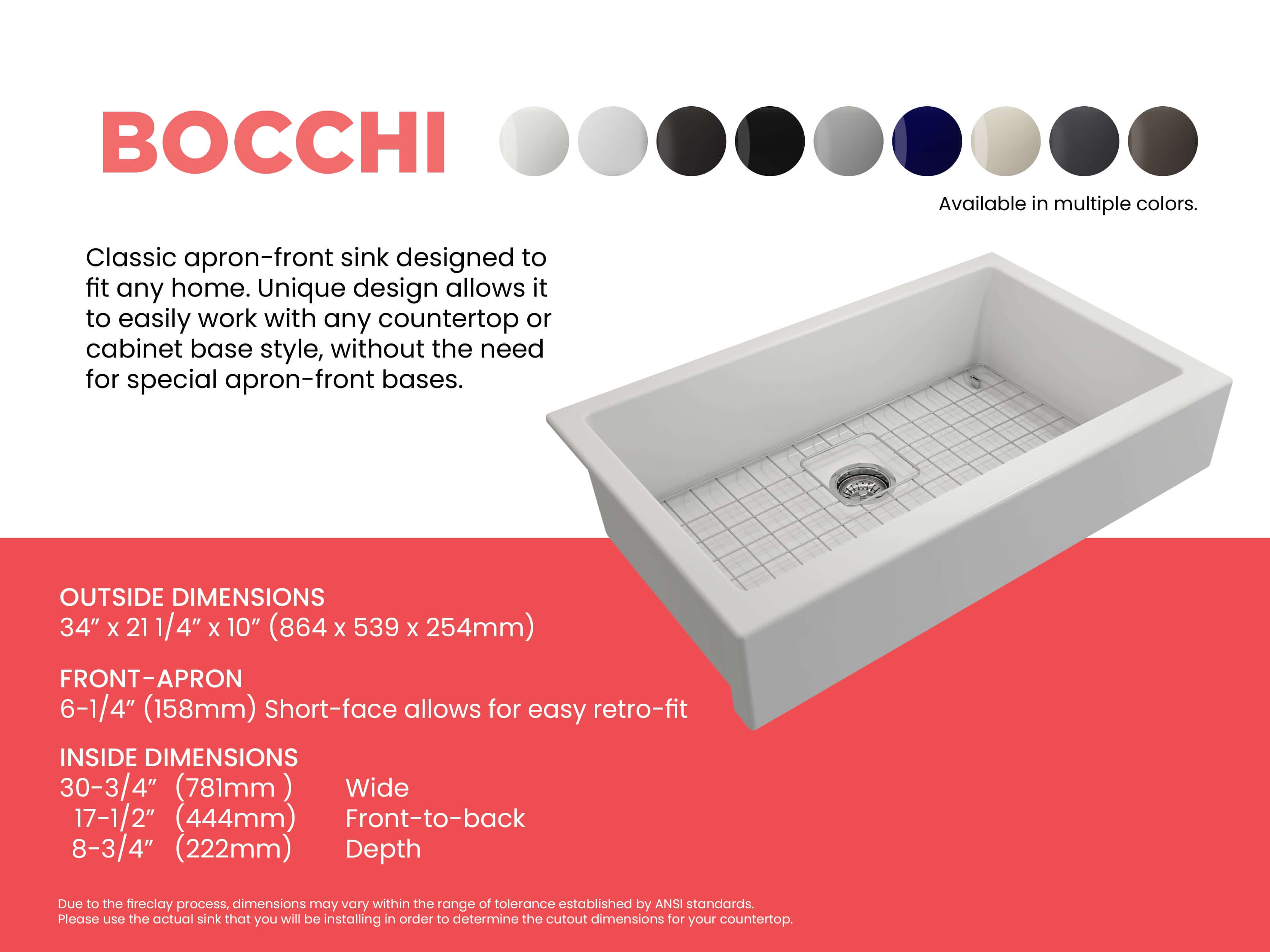 BOCCHI Nuova 34" Fireclay Retrofit Farmhouse Sink with Accessories, Matte White, 1551-002-0120
