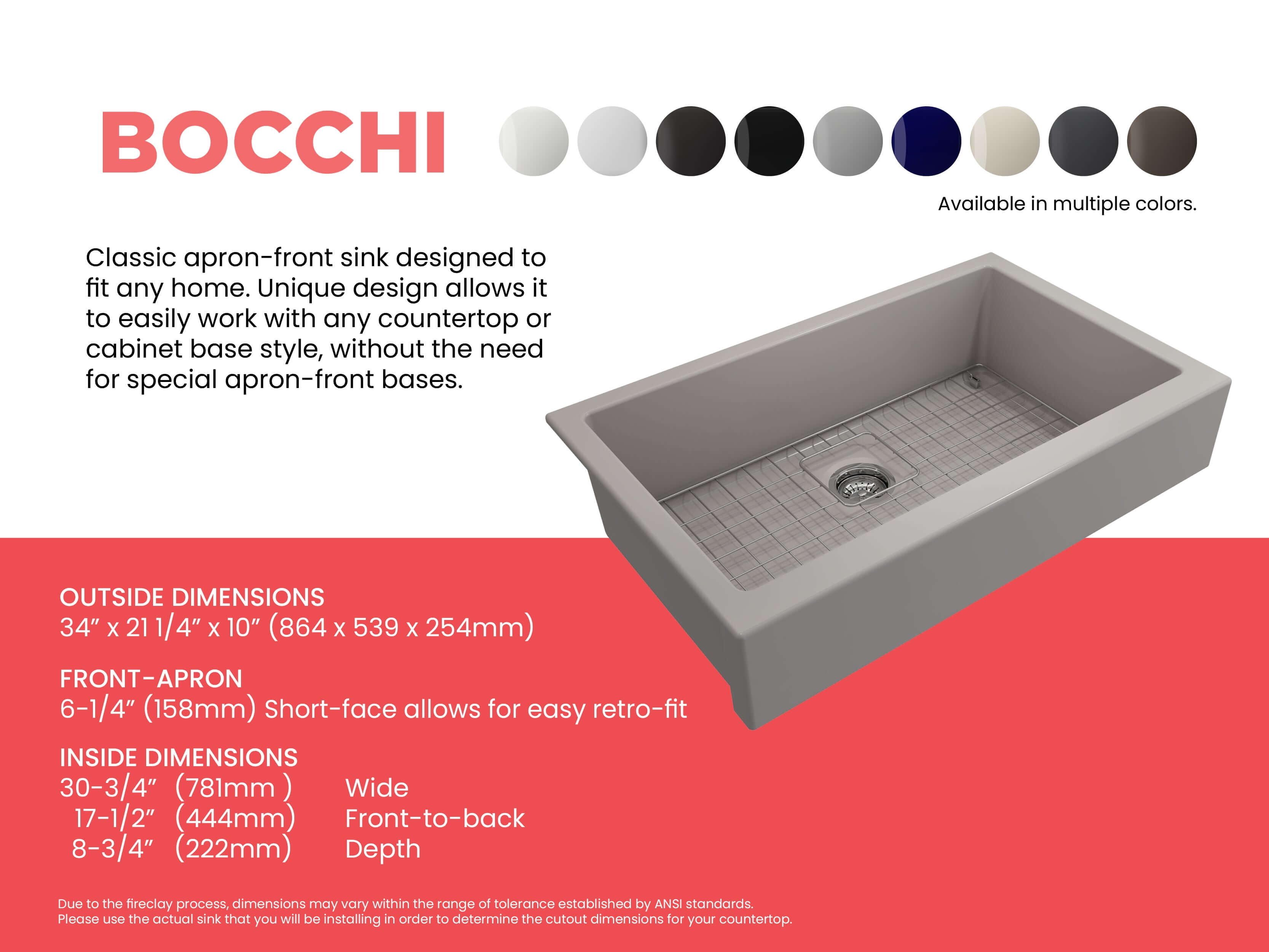 BOCCHI Nuova 34" Fireclay Retrofit Farmhouse Sink with Accessories, Matte Gray, 1551-006-0120