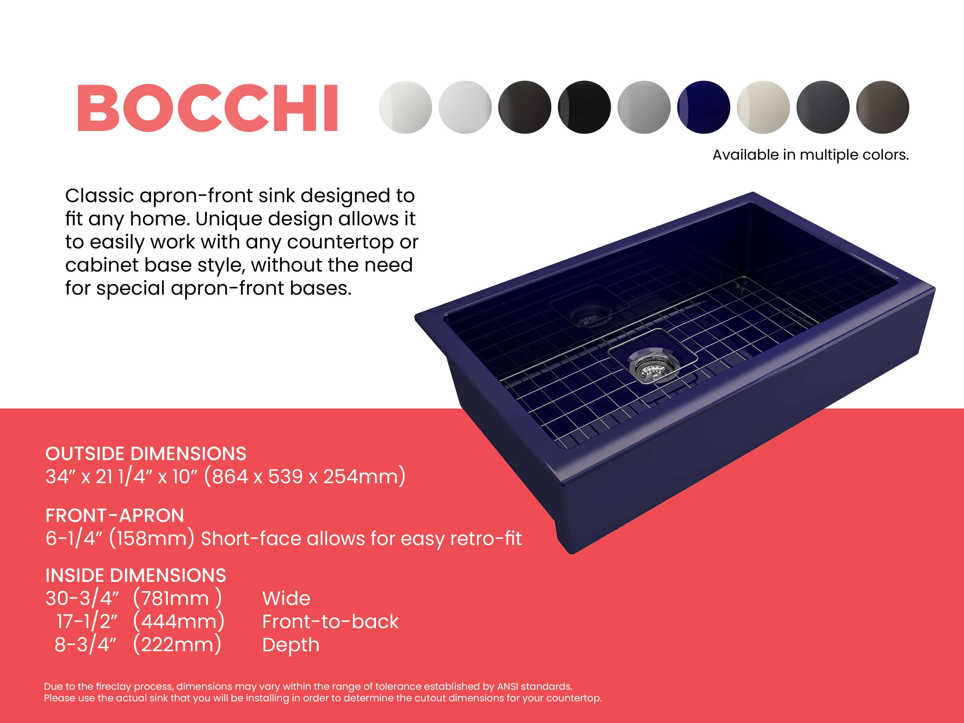 BOCCHI Nuova 34" Fireclay Retrofit Farmhouse Sink with Accessories, Sapphire Blue, 1551-010-0120
