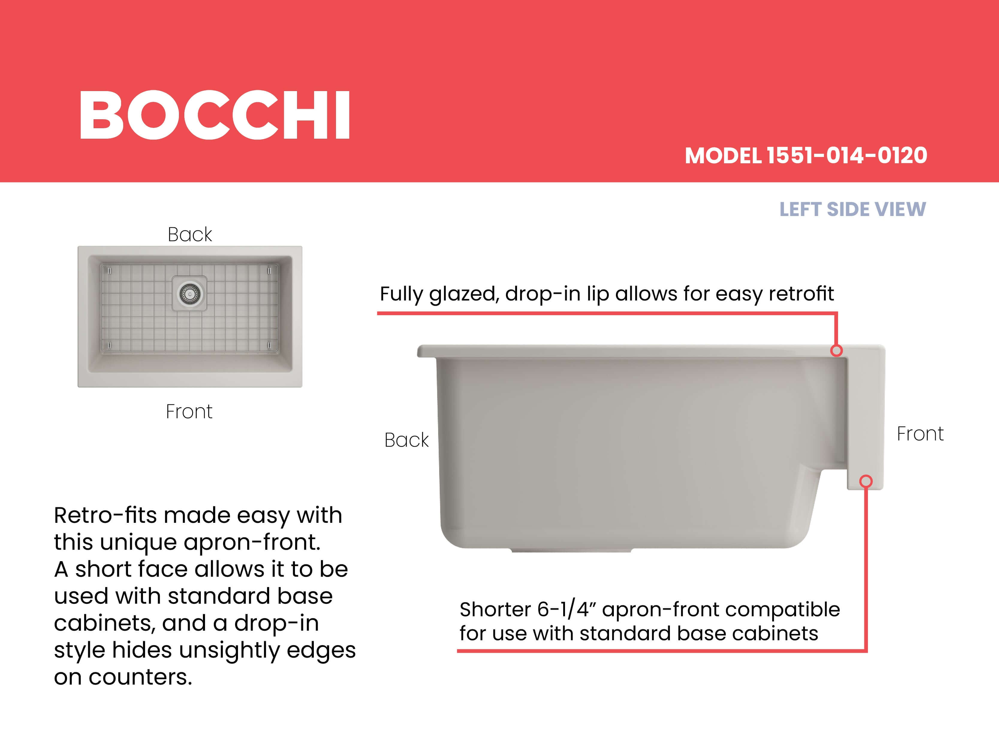 BOCCHI Nuova 34" Fireclay Retrofit Farmhouse Sink with Accessories, Biscuit, 1551-014-0120