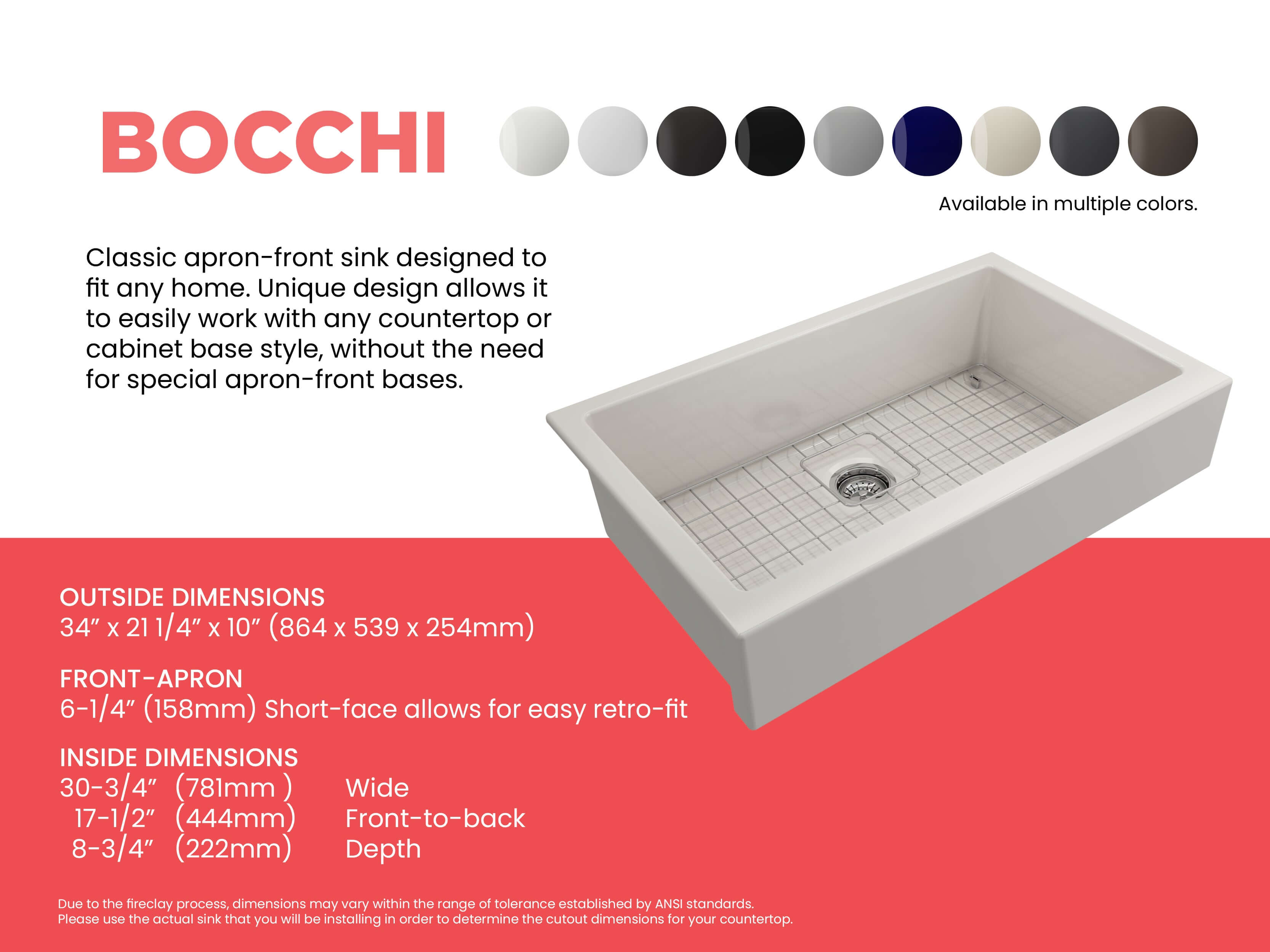 BOCCHI Nuova 34" Fireclay Retrofit Farmhouse Sink with Accessories, Biscuit, 1551-014-0120