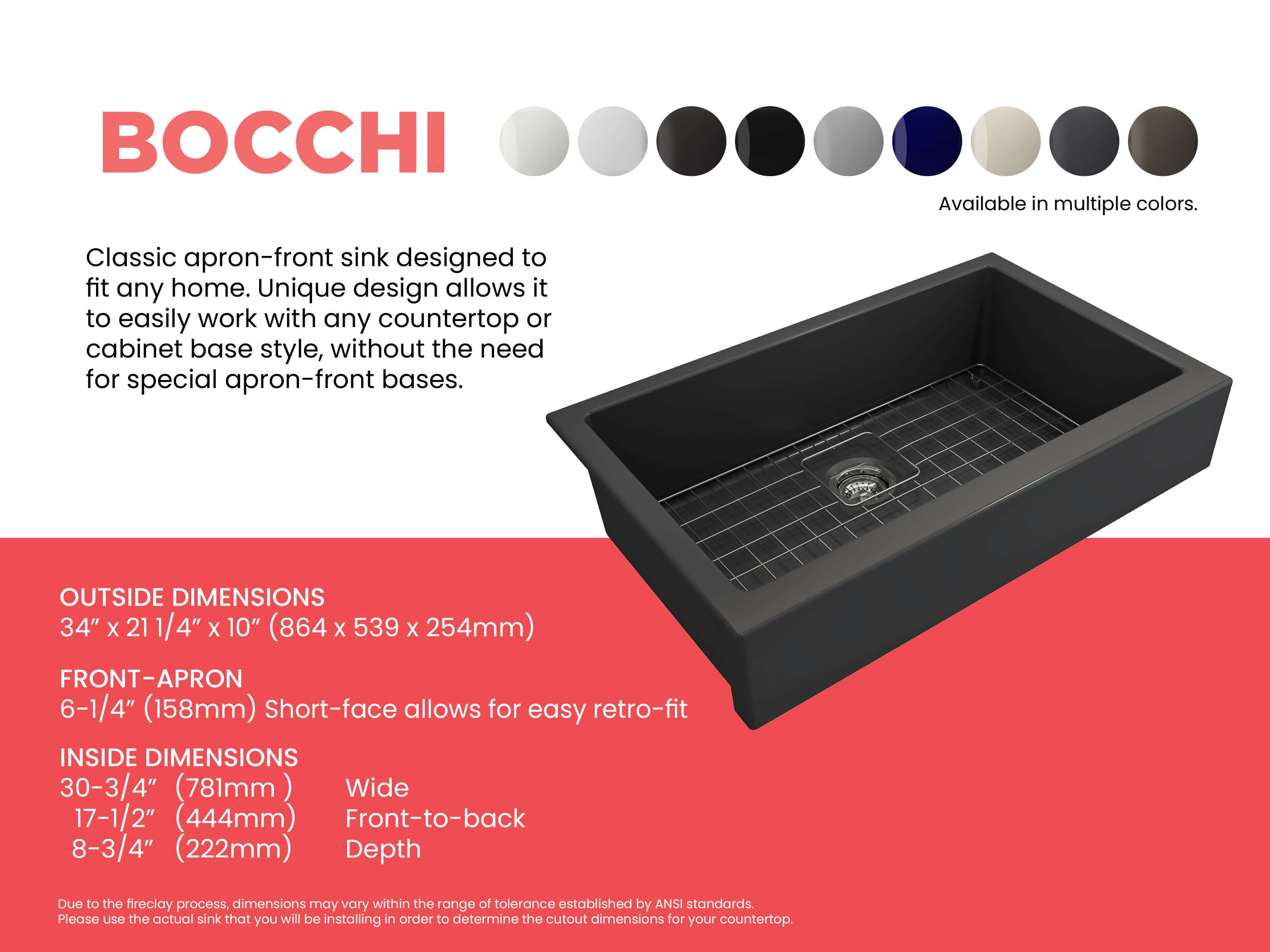 BOCCHI Nuova 34" Fireclay Retrofit Farmhouse Sink with Accessories, Matte Dark Gray, 1551-020-0120