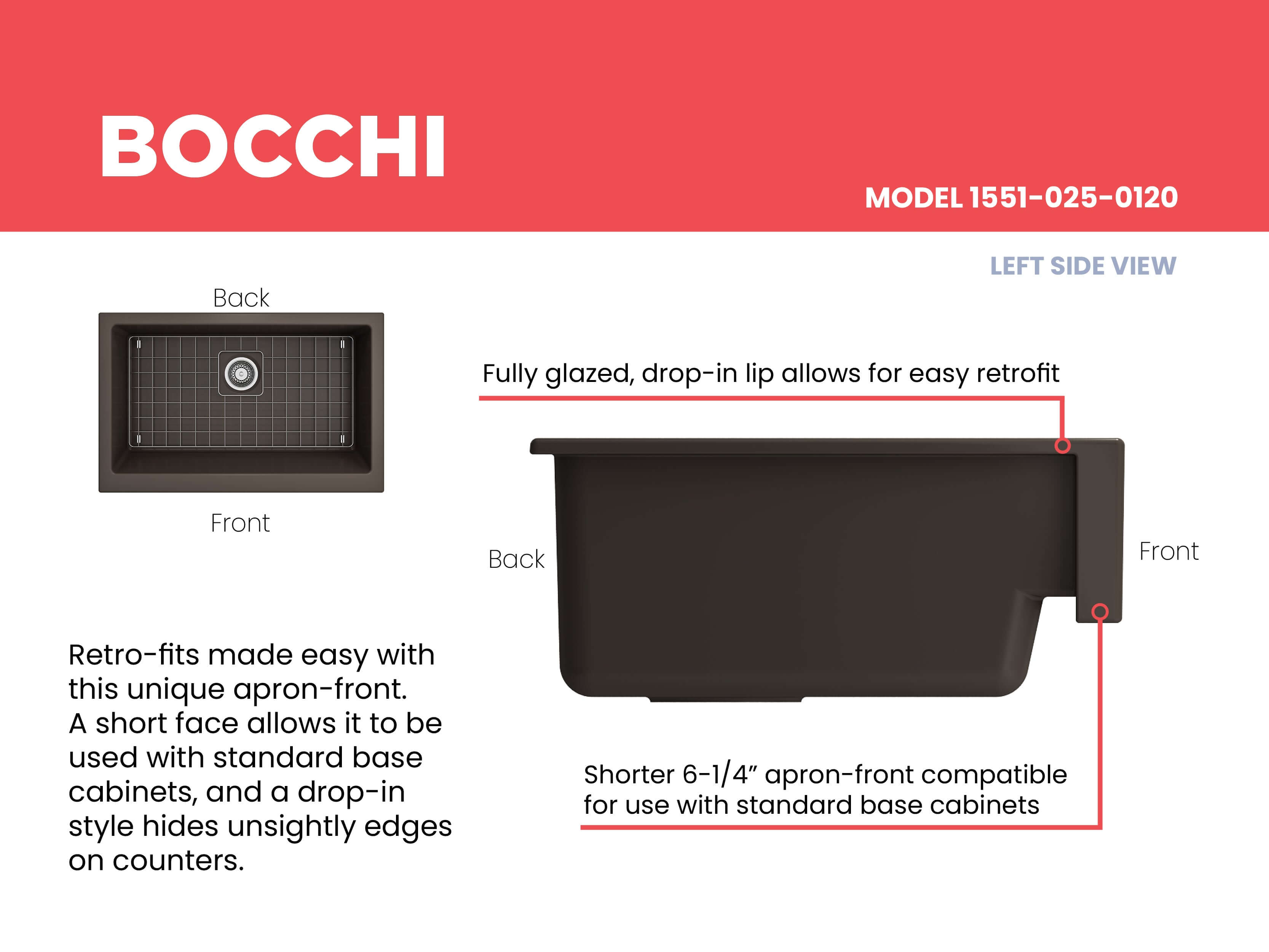 BOCCHI Nuova 34" Fireclay Retrofit Farmhouse Sink with Accessories, Matte Brown, 1551-025-0120