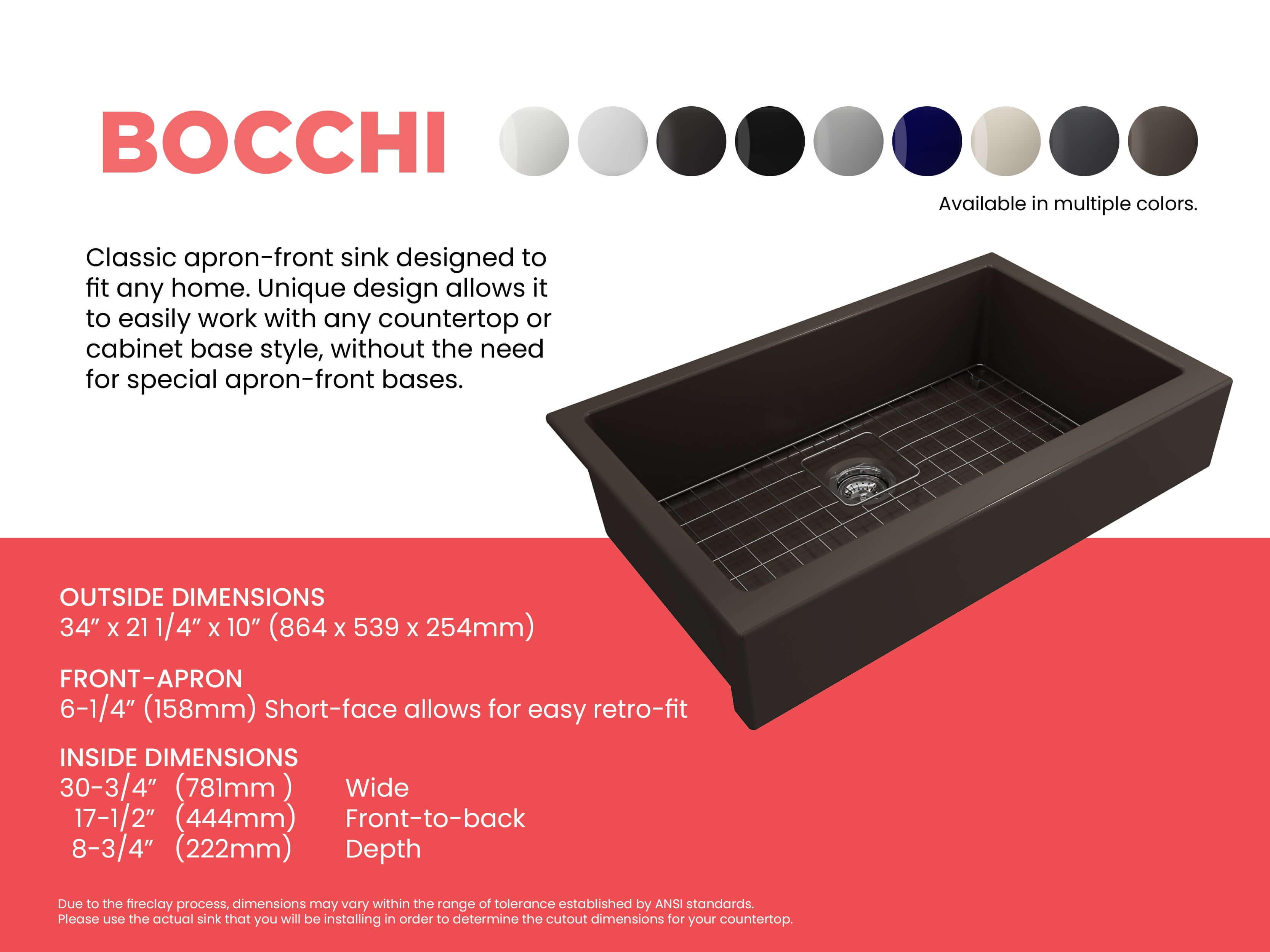 BOCCHI Nuova 34" Fireclay Retrofit Farmhouse Sink with Accessories, Matte Brown, 1551-025-0120