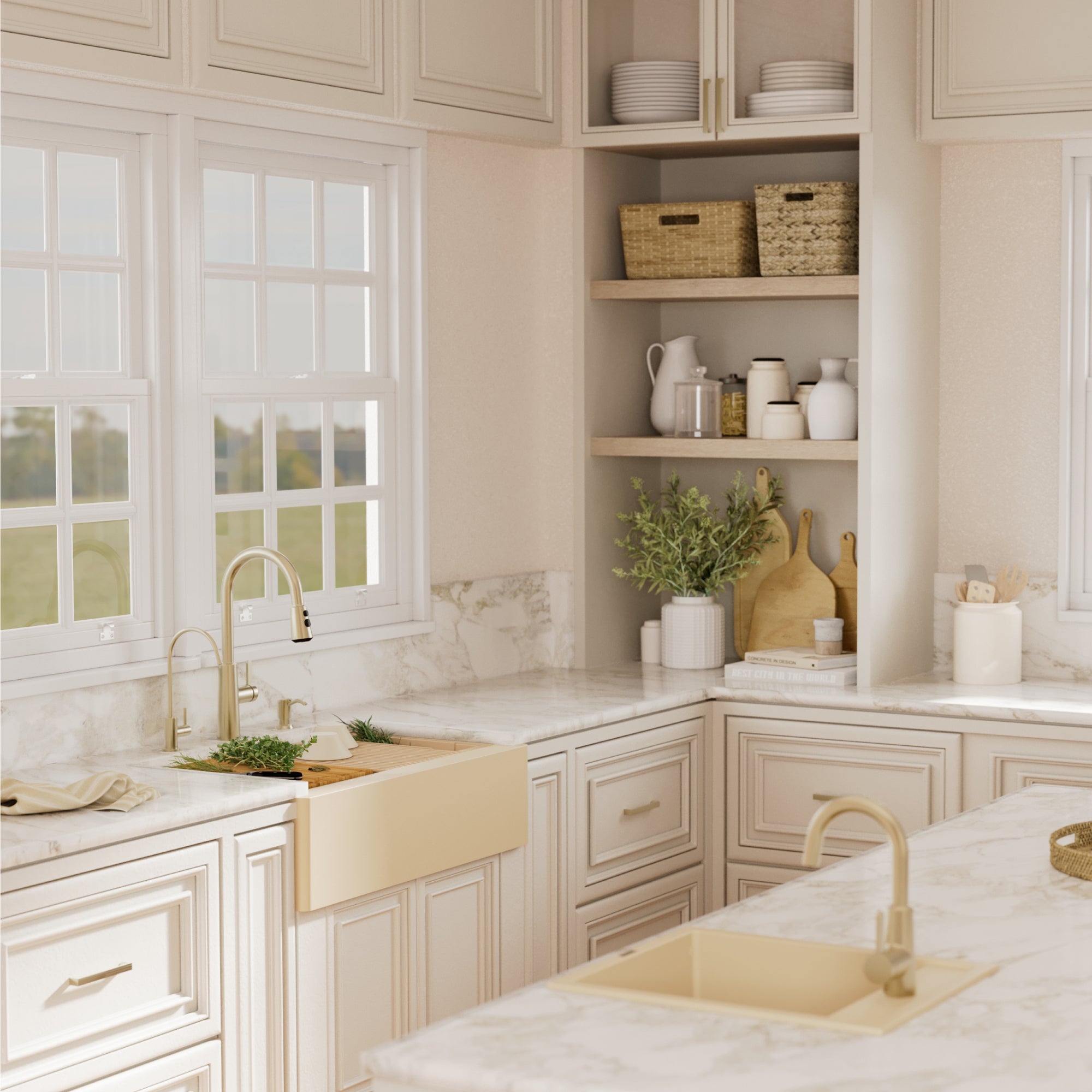 Karran 34 quartz composite workstation farmhouse sink bisque lifestyle image