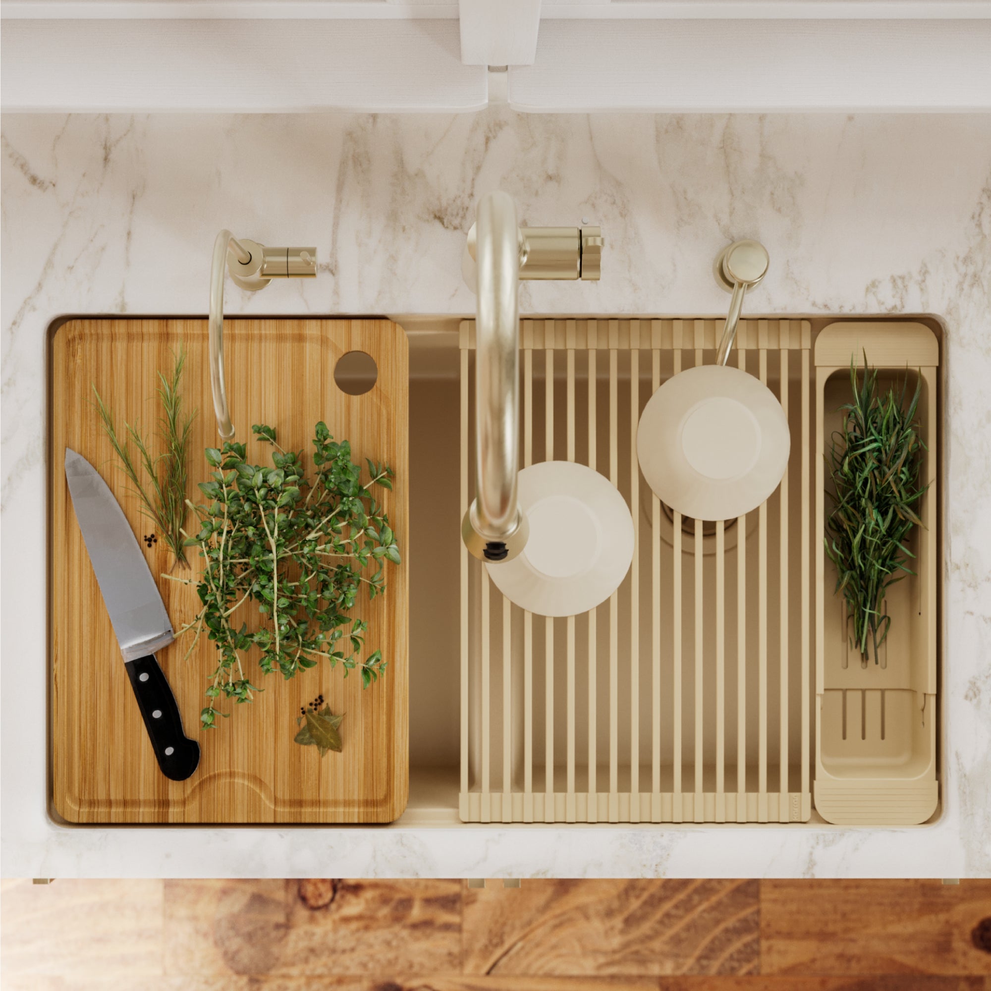 Karran 32 quartz composite workstation kitchen sink 50/50 double bowl bisque lifestyle image