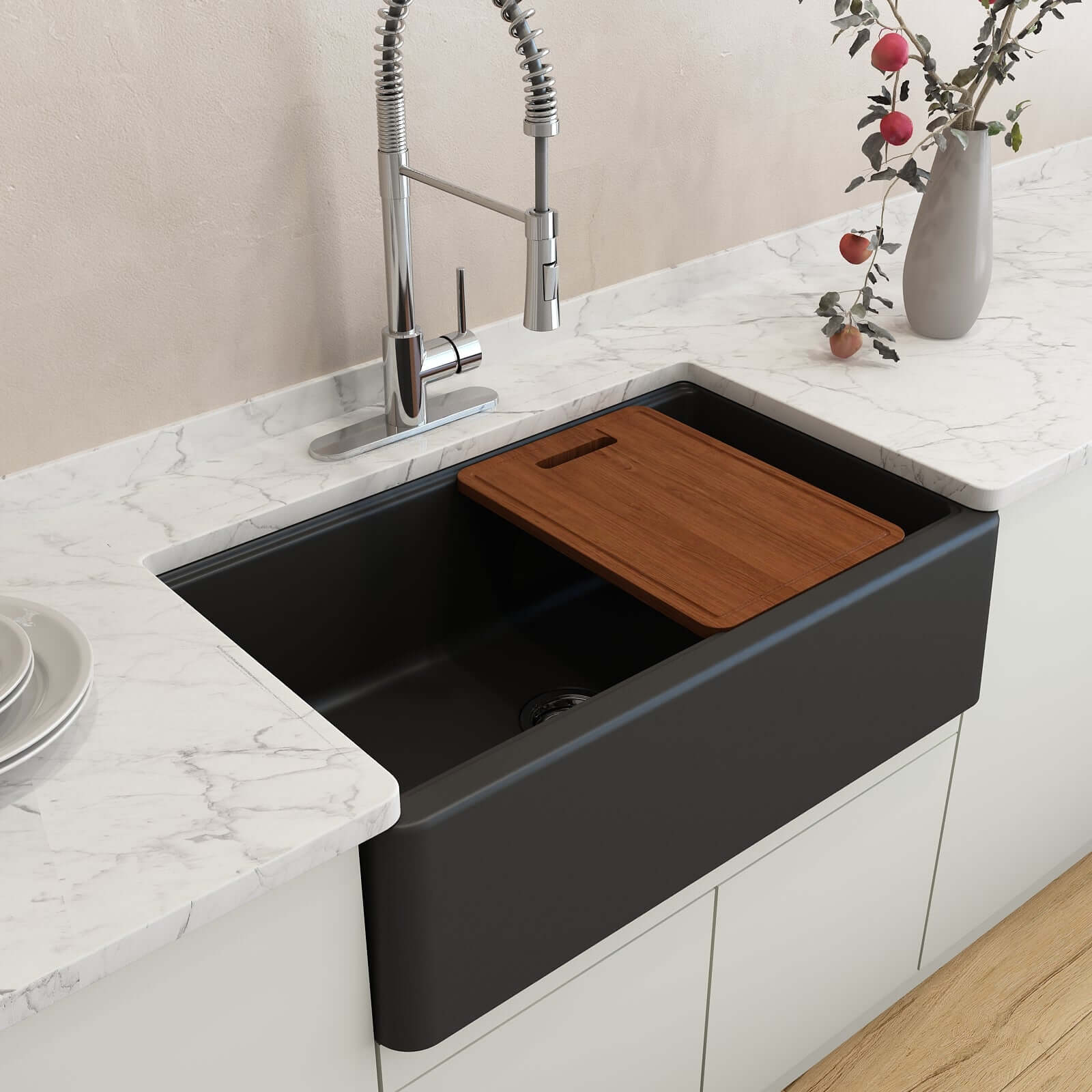 BOCCHI Arona 33" Granite Workstation Farmhouse Sink Kit with Faucet and Accessories, Matte Black (sink) / Stainless Steel (faucet), 1600-504-2020SS
