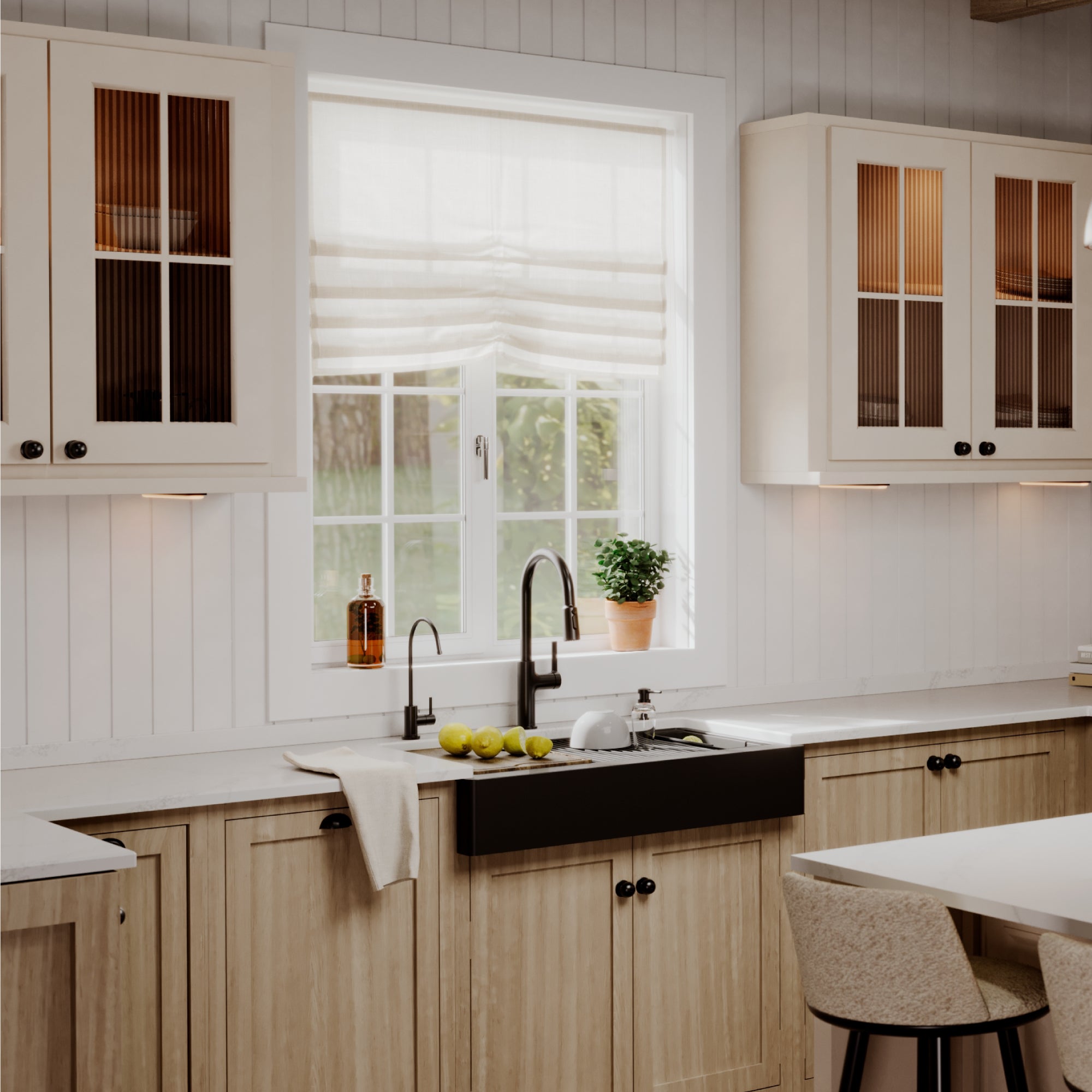 Karran 34 quartz composite retrofit workstation farmhouse sink black lifestyle image