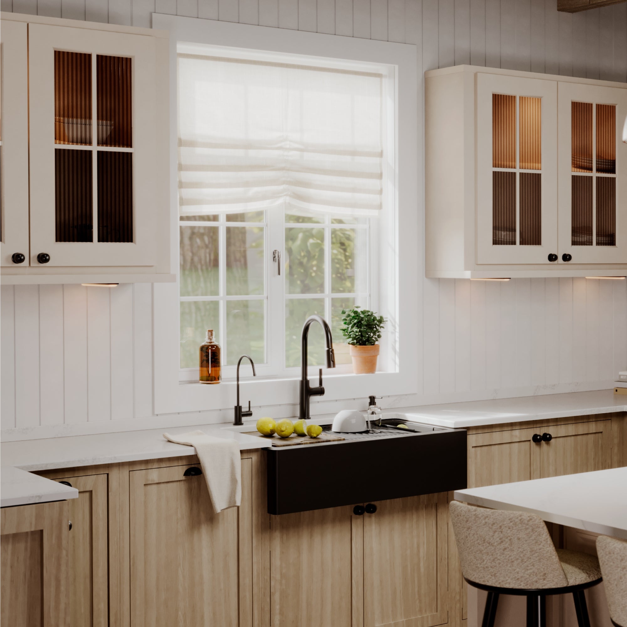 Karran 34 quartz composite workstation farmhouse sink black lifestyle image