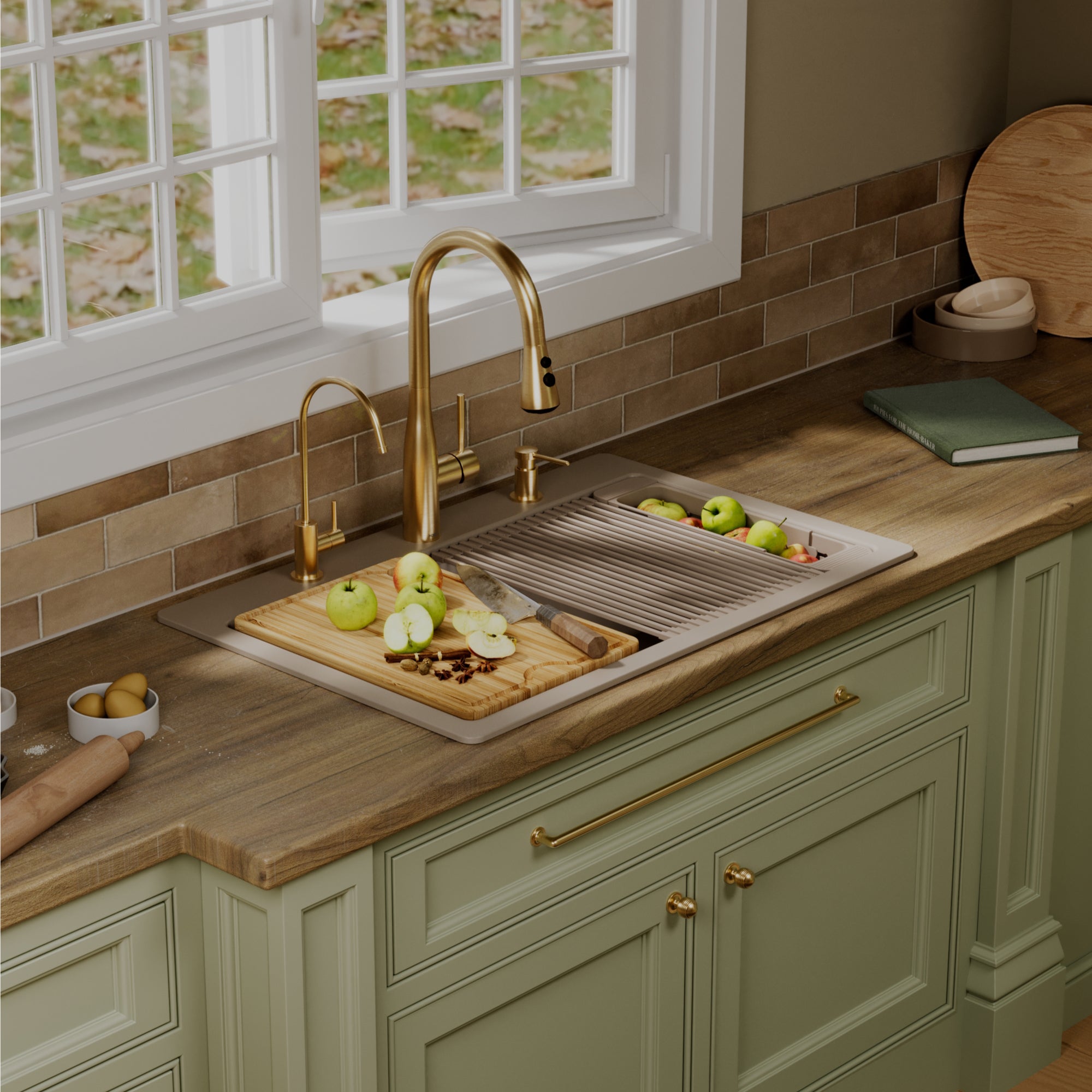Karran 33 quartz composite workstation kitchen sink 50/50 double bowl concrete lifestyle image