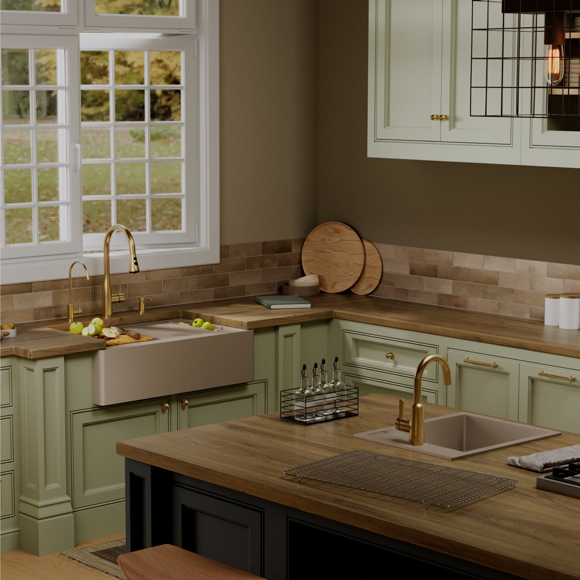 Karran 34 quartz composite workstation farmhouse sink concrete lifestyle image