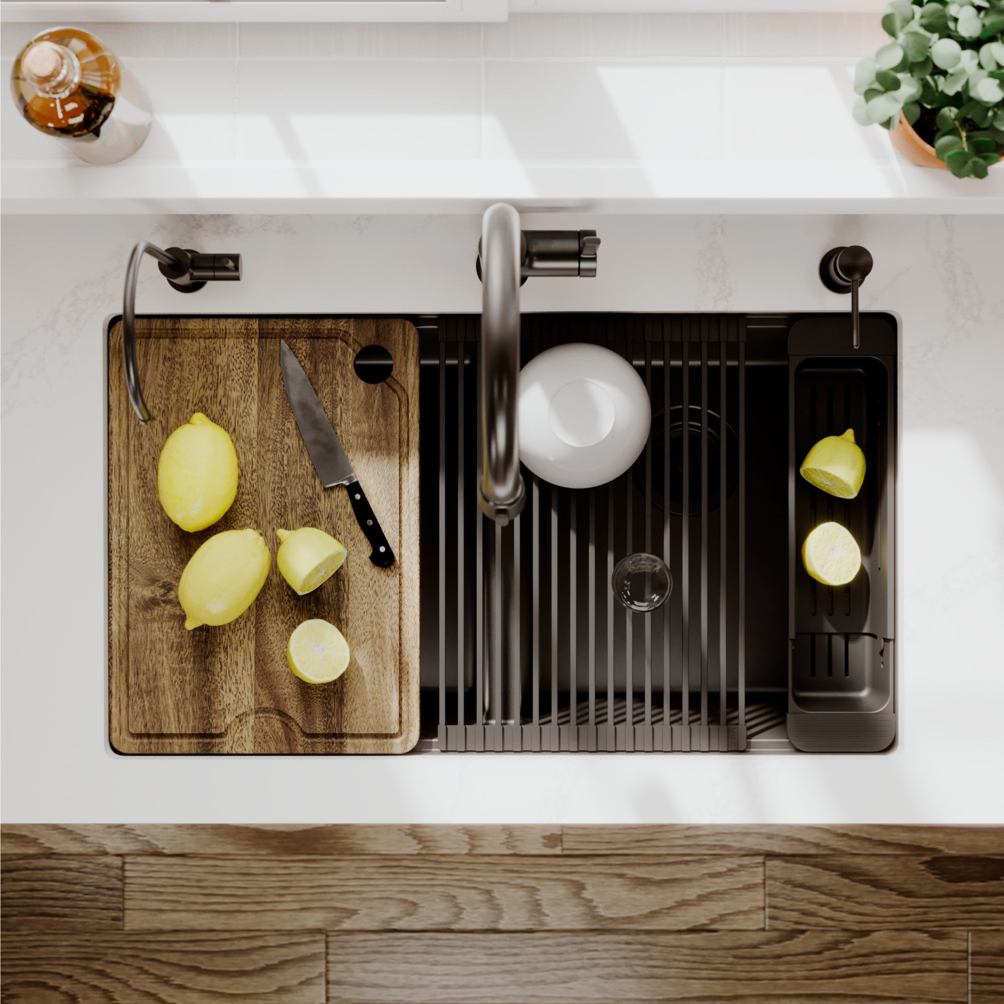 Karran 32 quartz composite workstation kitchen sink 50/50 double bowl black lifestyle image