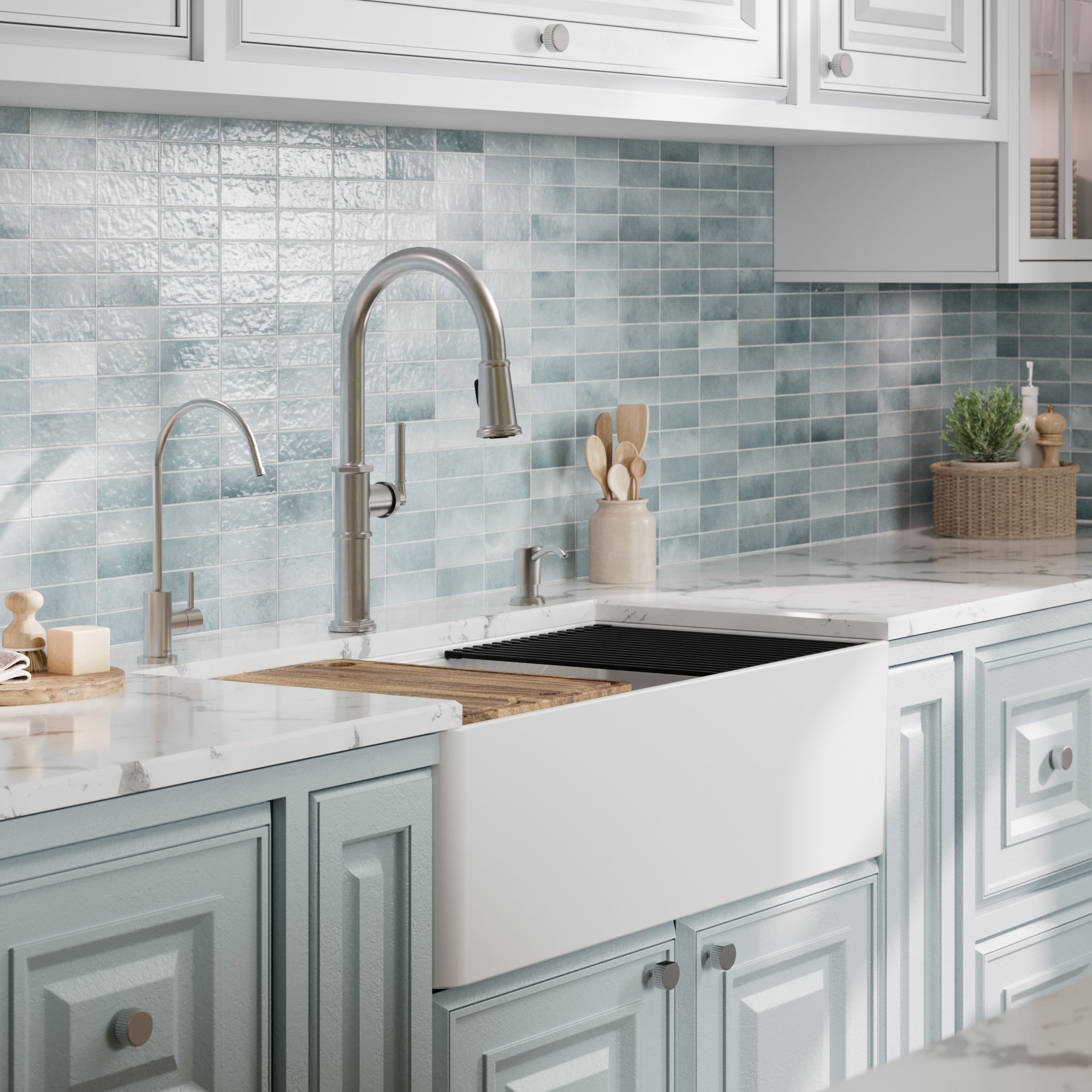 Alternative View of Karran Fireclay 33" Fireclay Workstation Farmhouse Sink with Accessories, White, FCWSF33SBWH-PK1