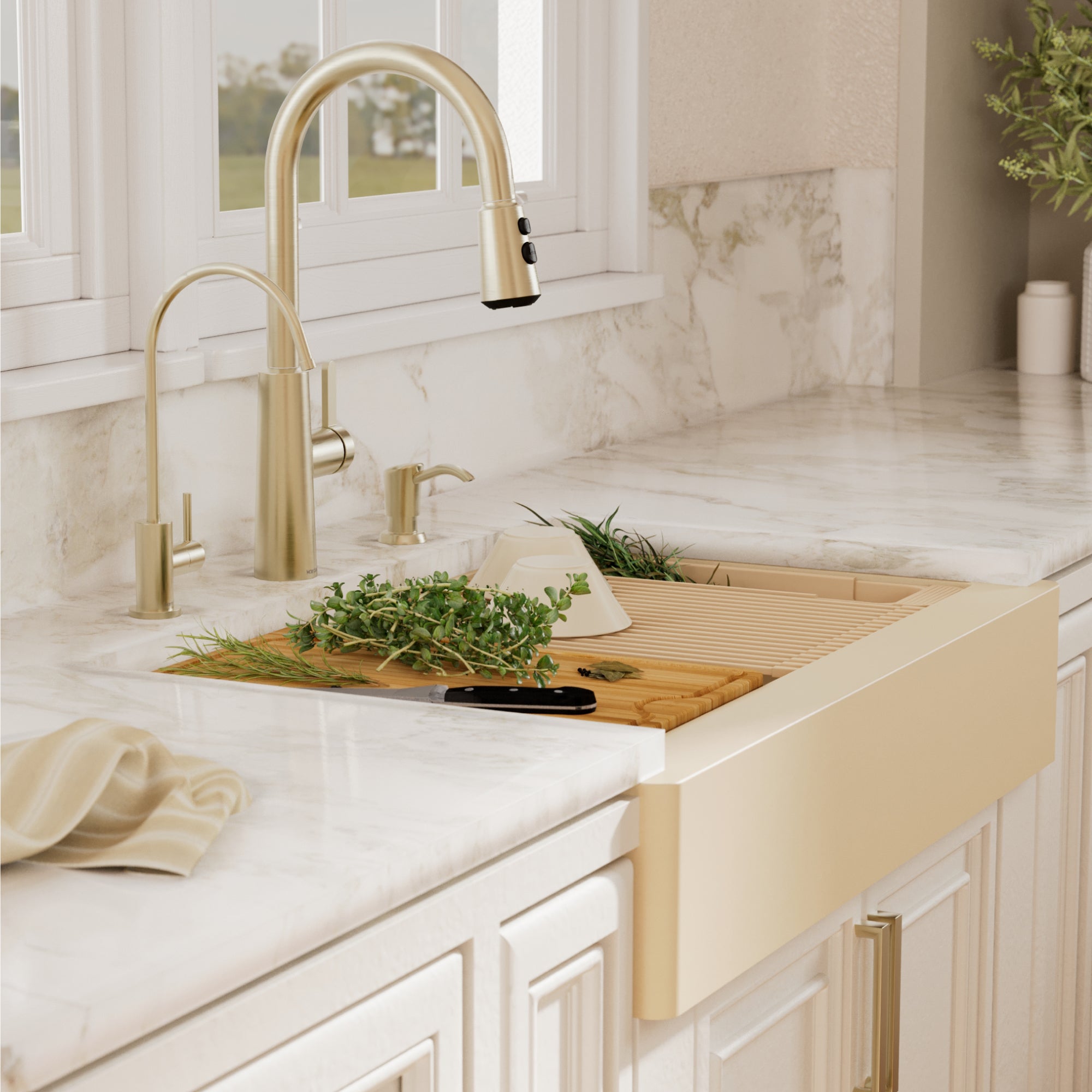 Karran 34 quartz composite retrofit workstation farmhouse sink bisque lifestyle image