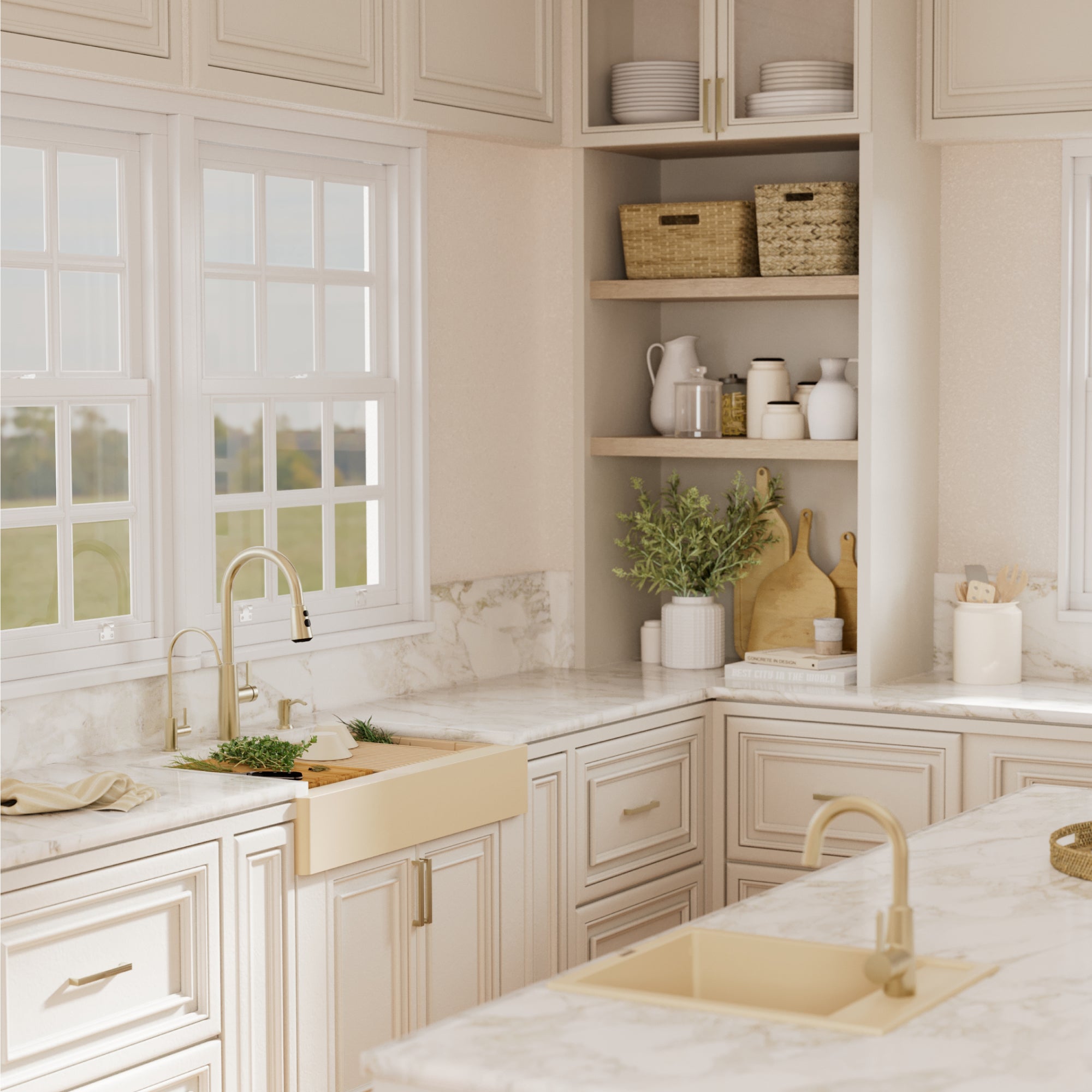 Karran 34 quartz composite retrofit workstation farmhouse sink bisque lifestyle image