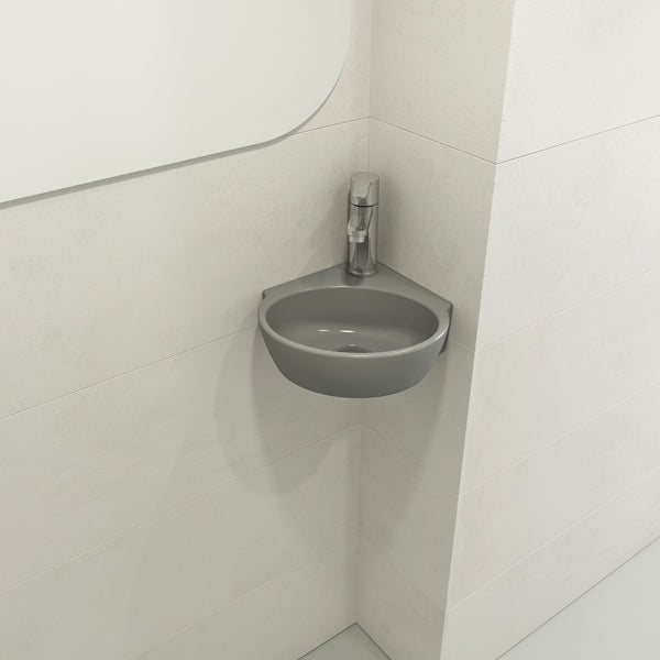 BOCCHI Milano 13" Oval Corner Fireclay Bathroom Sink, Matte Gray, Single Faucet Hole, 1392-006-0126