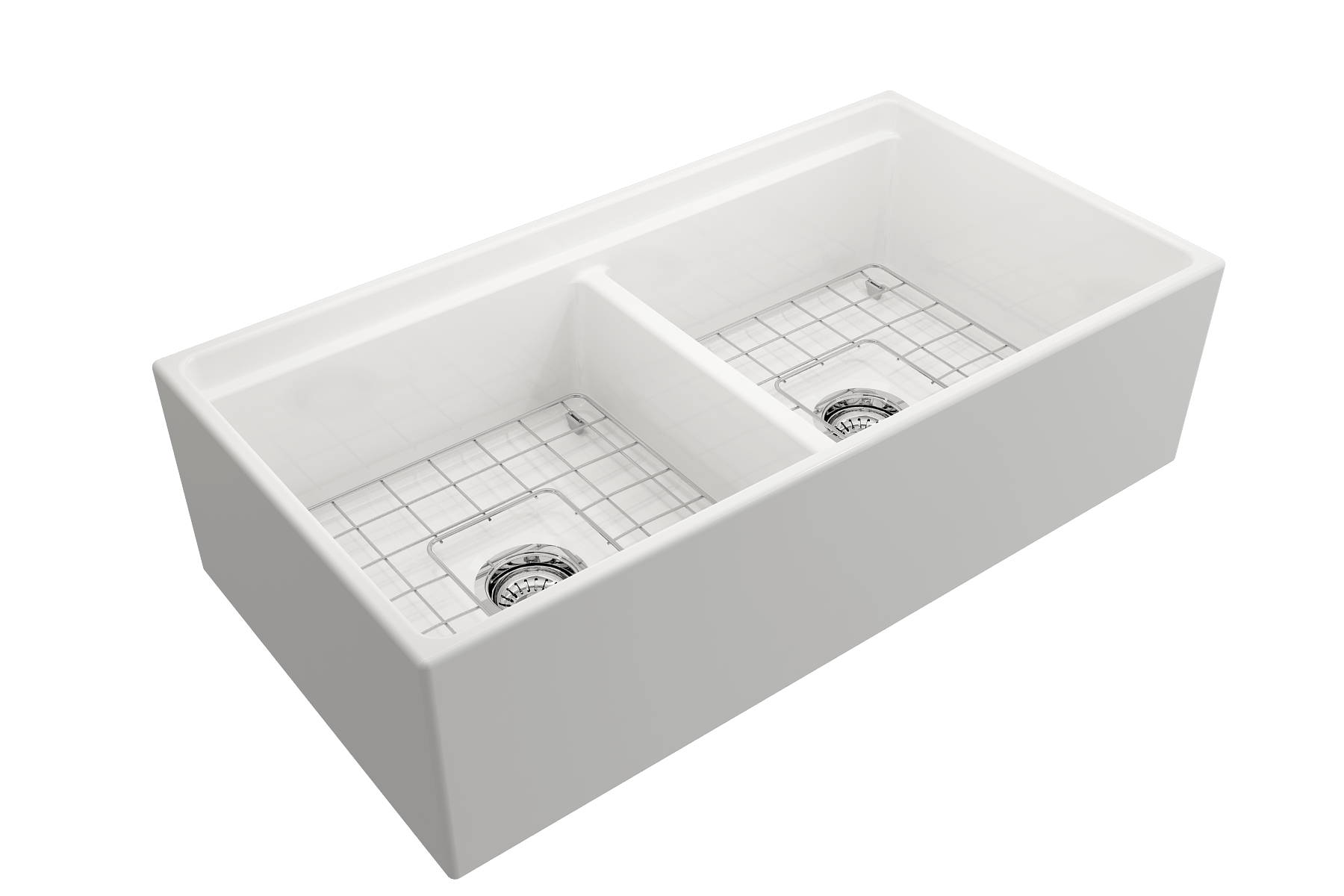 BOCCHI Contempo 36" White Fireclay Workstation Farmhouse Sink Kit with Chrome Faucet and Accessories, 50/50 Double Bowl, 1348-001-2020CH