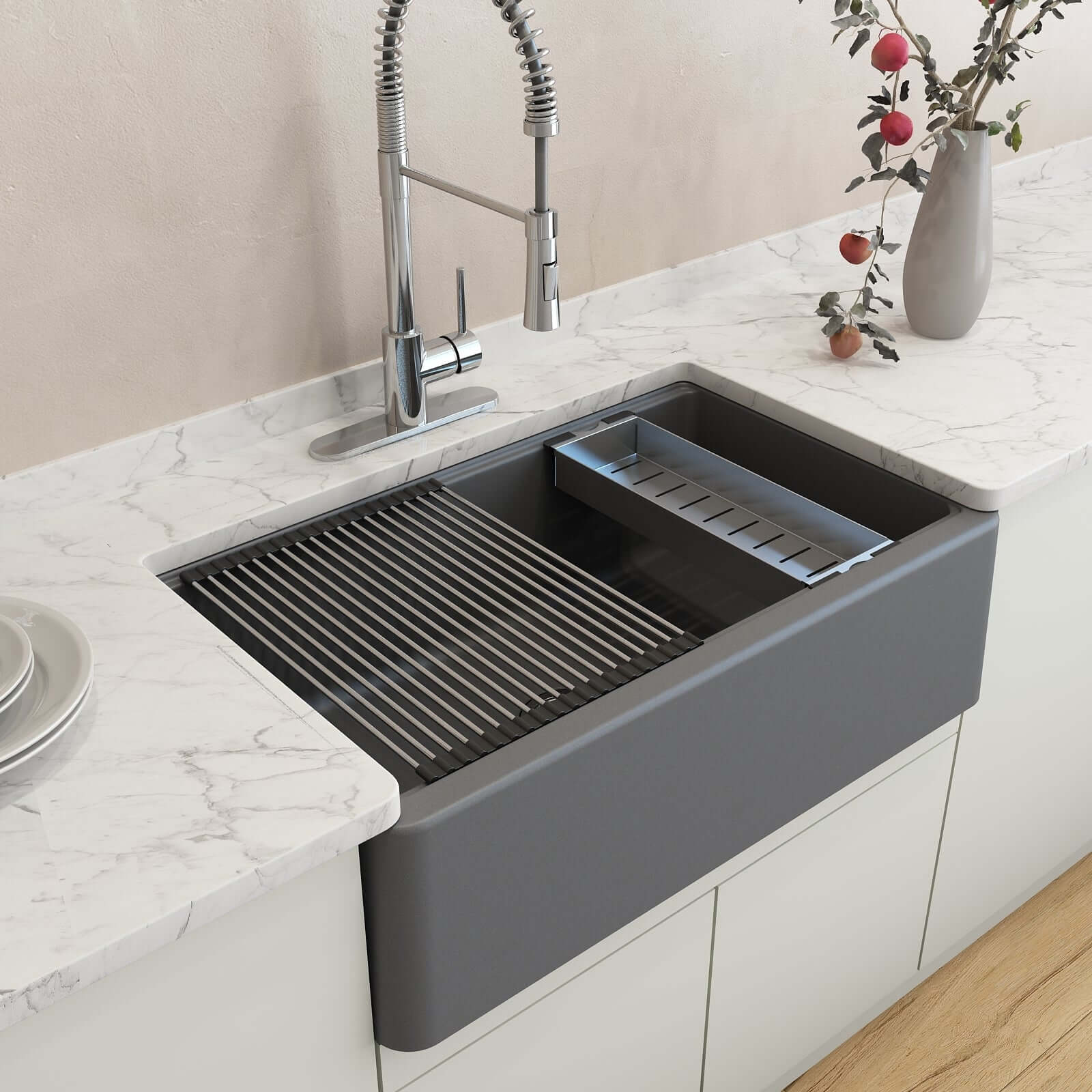 BOCCHI Arona 33" Granite Workstation Farmhouse Sink Kit with Faucet and Accessories, Concrete Gray (sink) / Chrome (faucet), 1600-506-2020CH