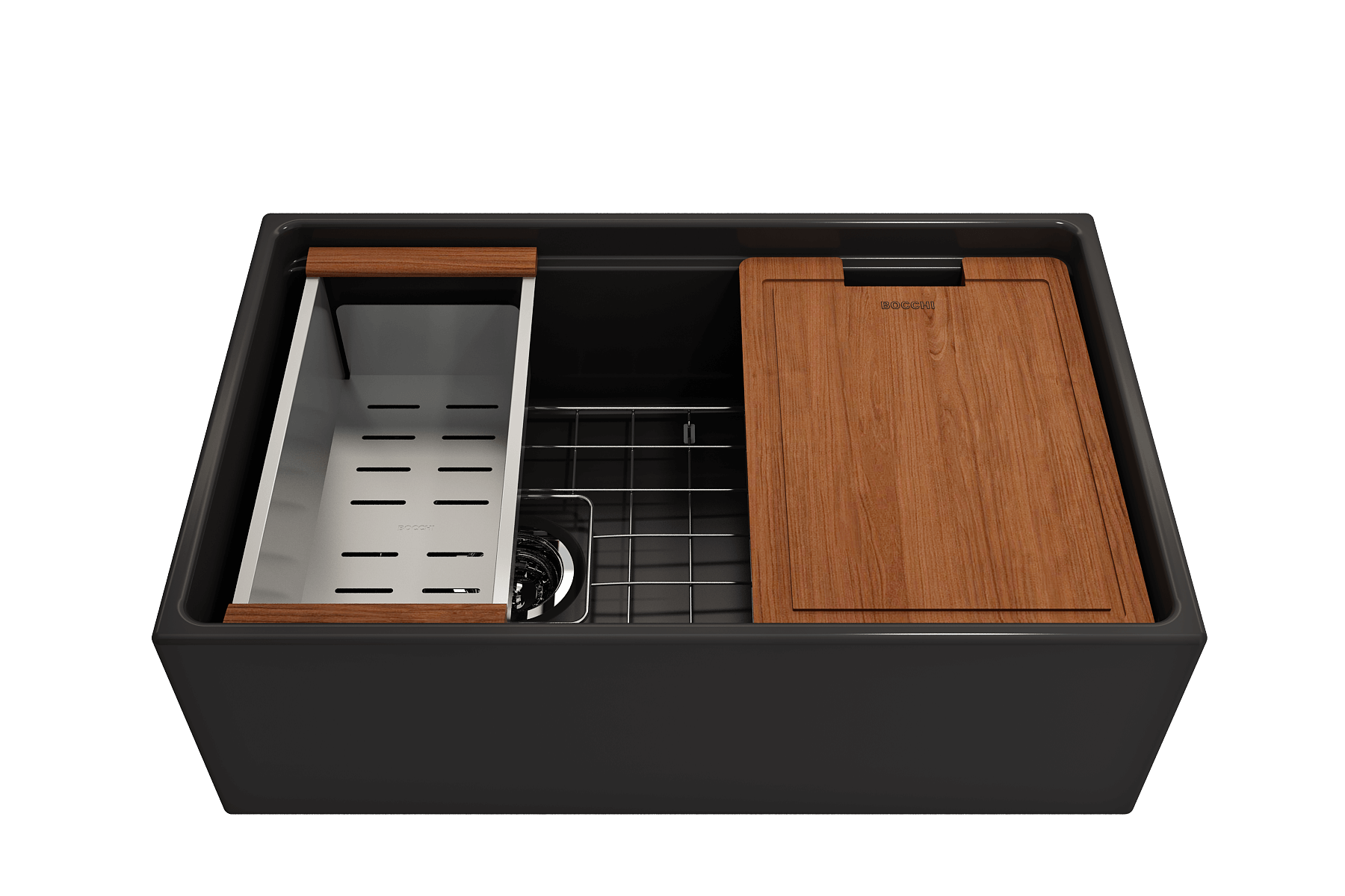 BOCCHI Contempo 30" Fireclay Workstation Farmhouse Sink Kit with Faucet and Accessories, Matte Black (sink) / Matte Black (faucet), 1344-004-2020MB
