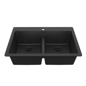 Main Image of Karran 33" Drop In/Topmount Quartz Composite Kitchen Sink, 50/50 Double Bowl, Black, QT-810-BL