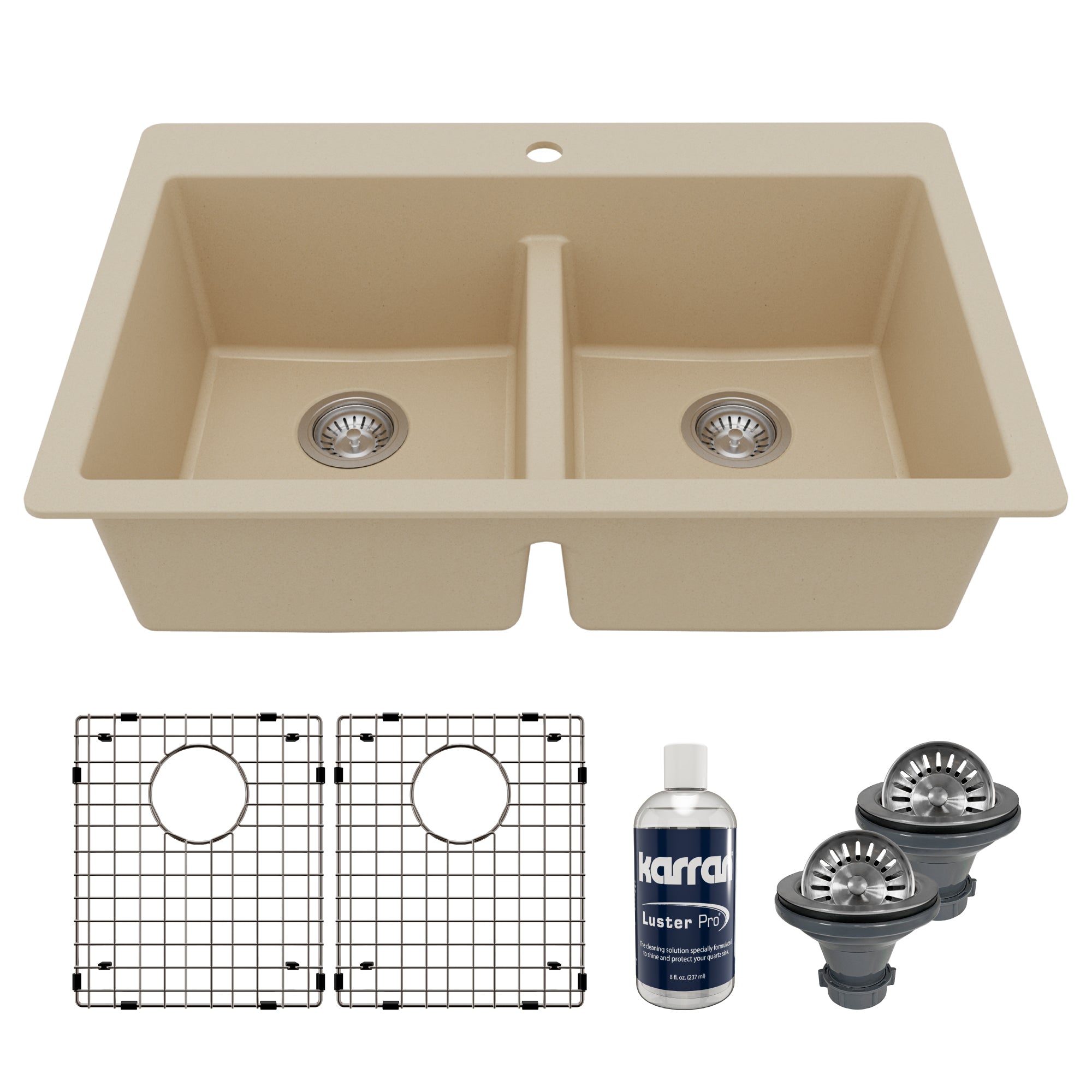Main Image of Karran 33" Drop In/Topmount Quartz Composite Kitchen Sink with Accessories, 50/50 Double Bowl, Bisque, QT-810-BI-PK1