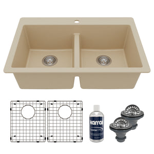 Main Image of Karran 33" Drop In/Topmount Quartz Composite Kitchen Sink with Accessories, 50/50 Double Bowl, Bisque, QT-810-BI-PK1