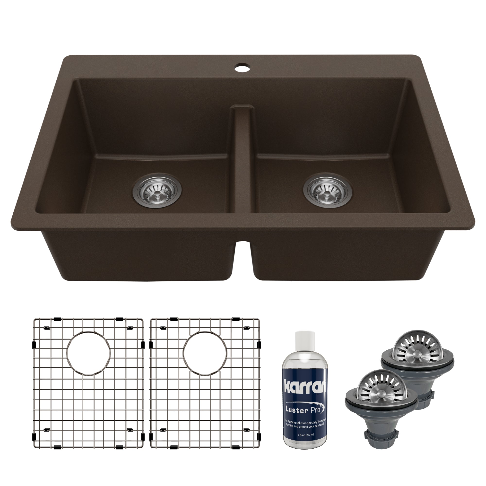 Main Image of Karran 33" Drop In/Topmount Quartz Composite Kitchen Sink with Accessories, 50/50 Double Bowl, Brown, QT-810-BR-PK1